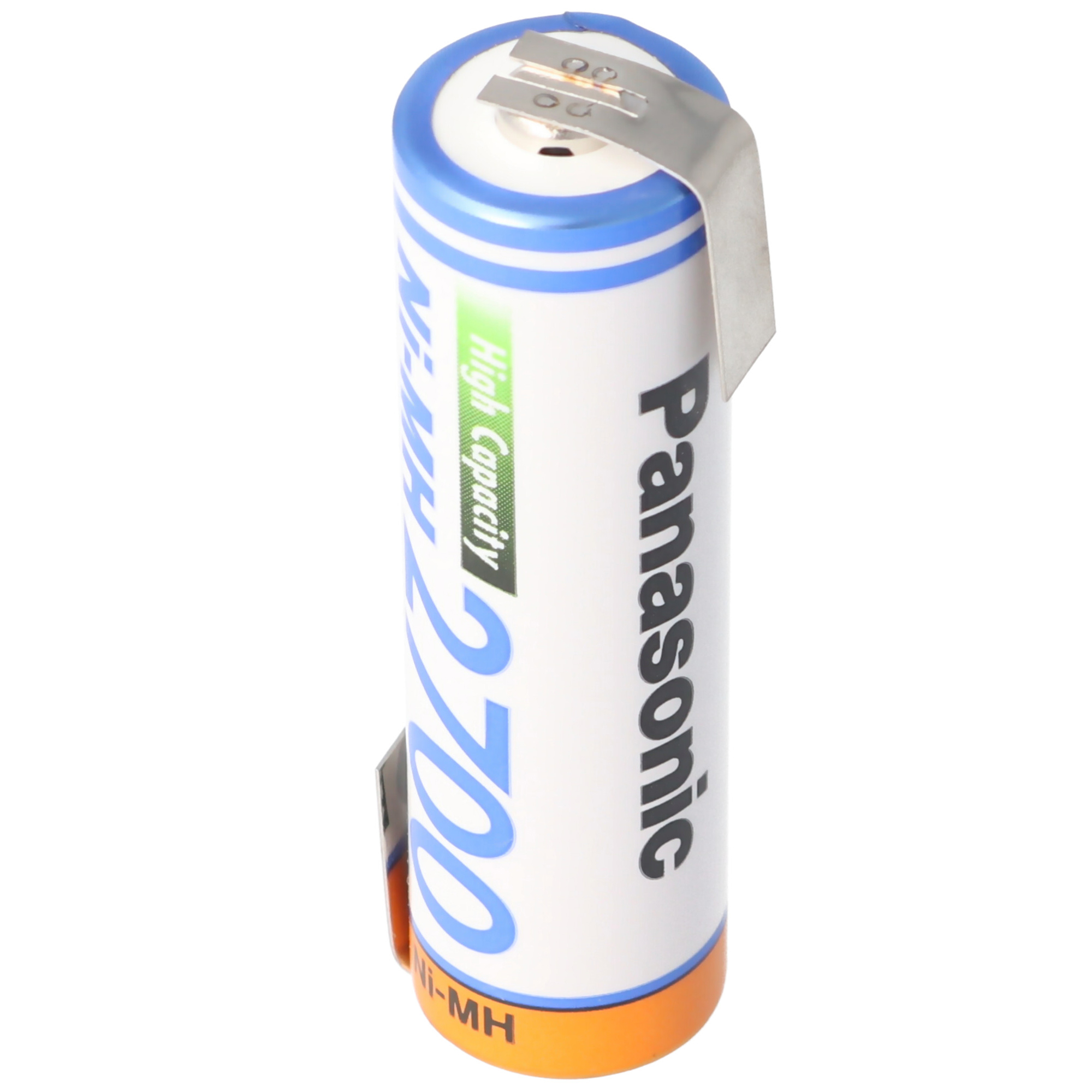 A cylindrical battery with white, blue, and orange bands. It has a metal clip and the brand Panasonic.