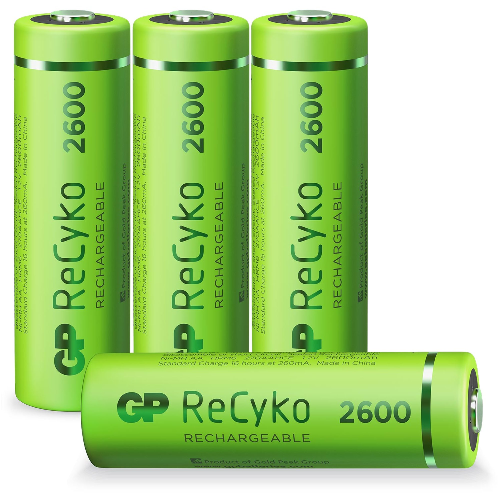 Vier grüne Batterien mit weißem Text. Sagt ReCyko 2600, wiederaufladbar und andere Infos.