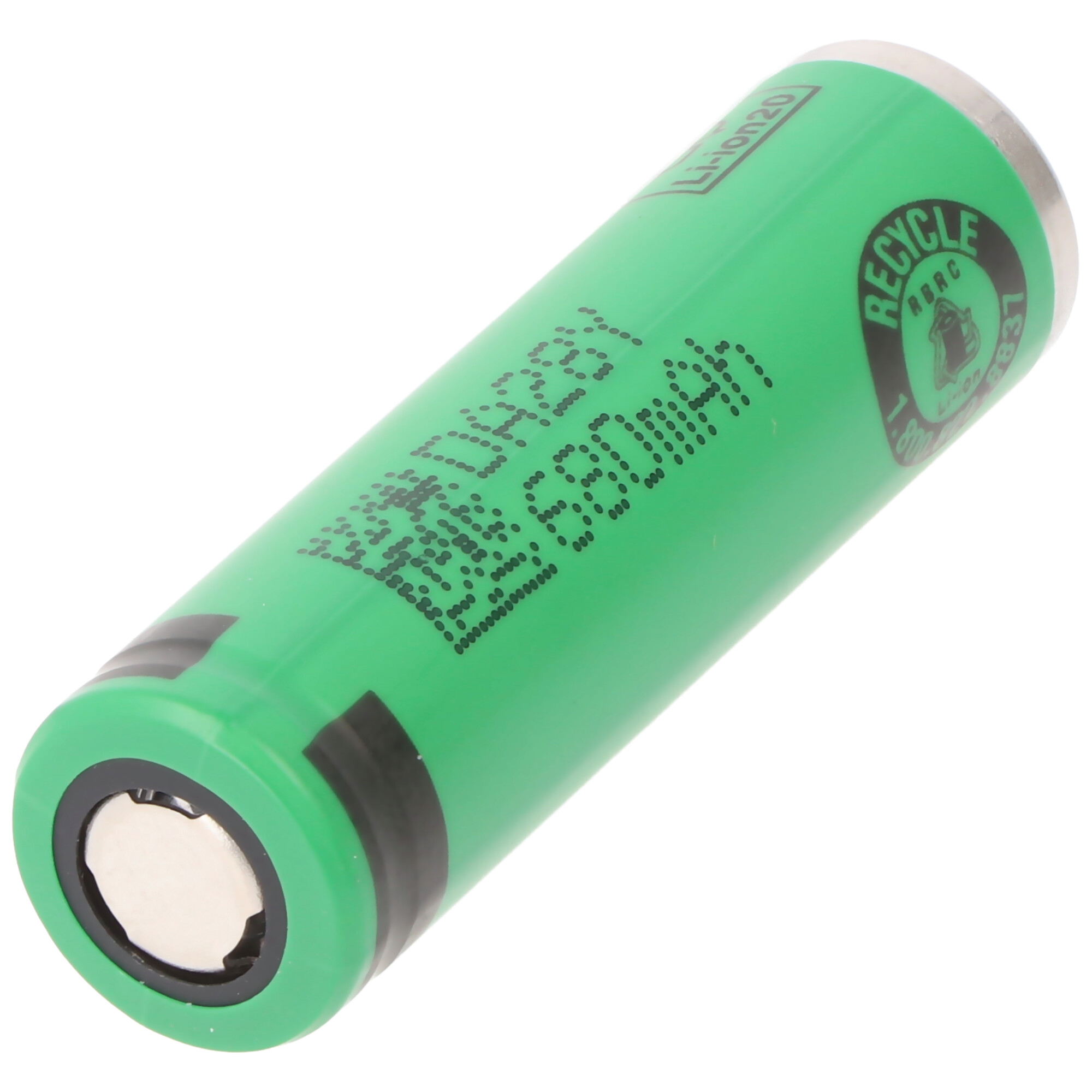Grüner Akku. Text auf der Batterie, mit Recycling-Symbol.