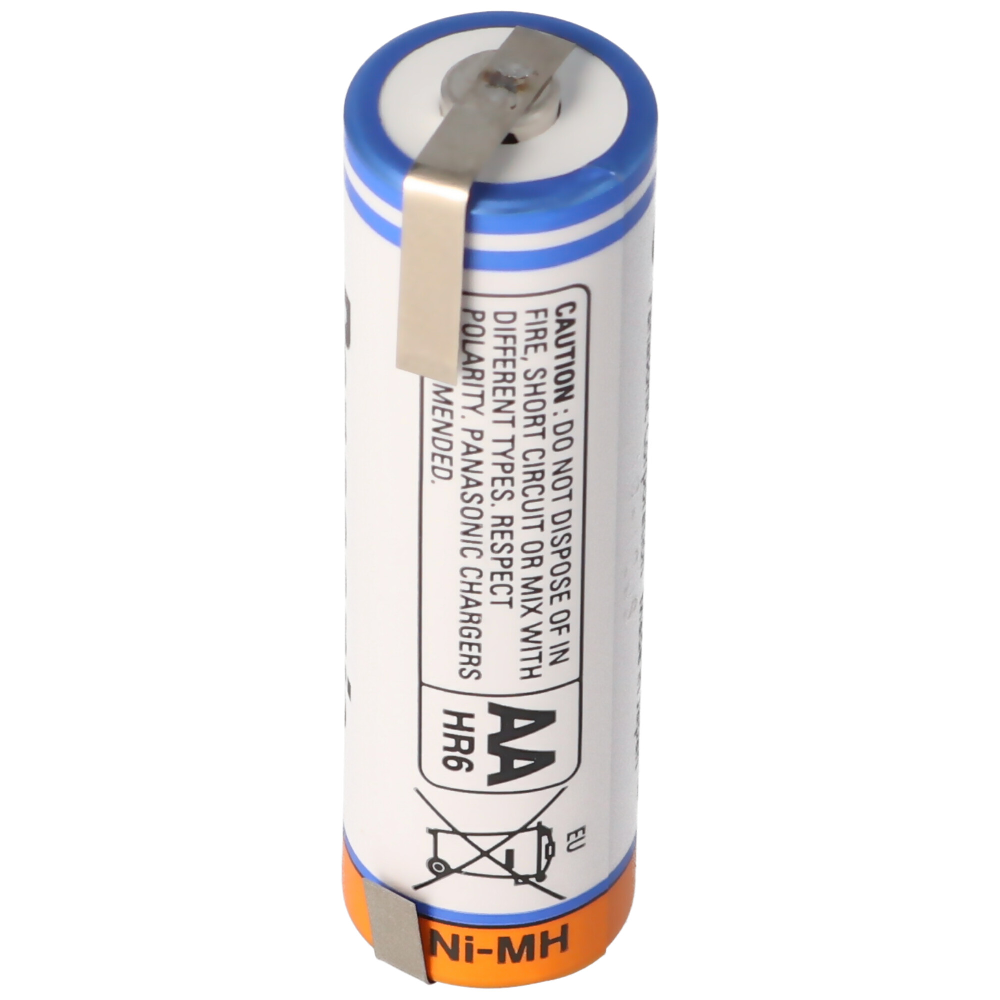 AA-Batterie mit weiß-blauem Etikett und Metallkontakt.