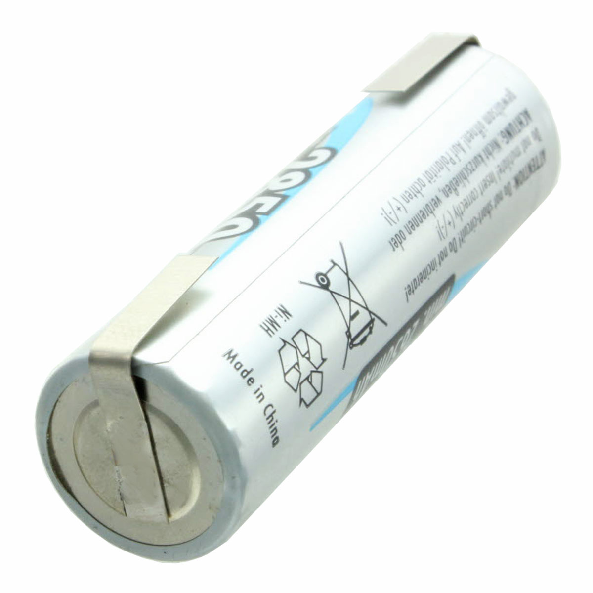 Eine silberne zylindrische Batterie mit Markierungen und Clips.
