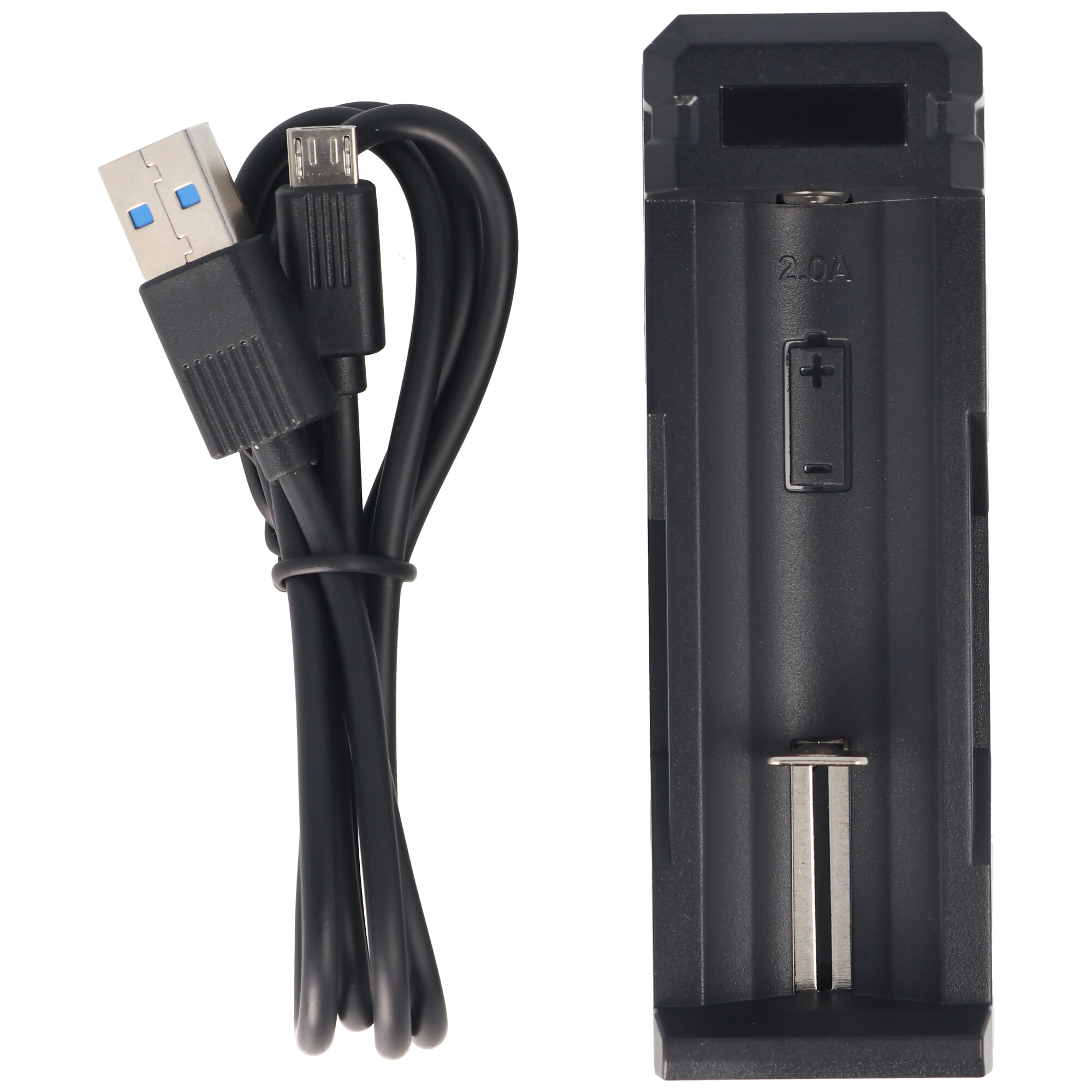 A black battery charger with a USB cable attached.