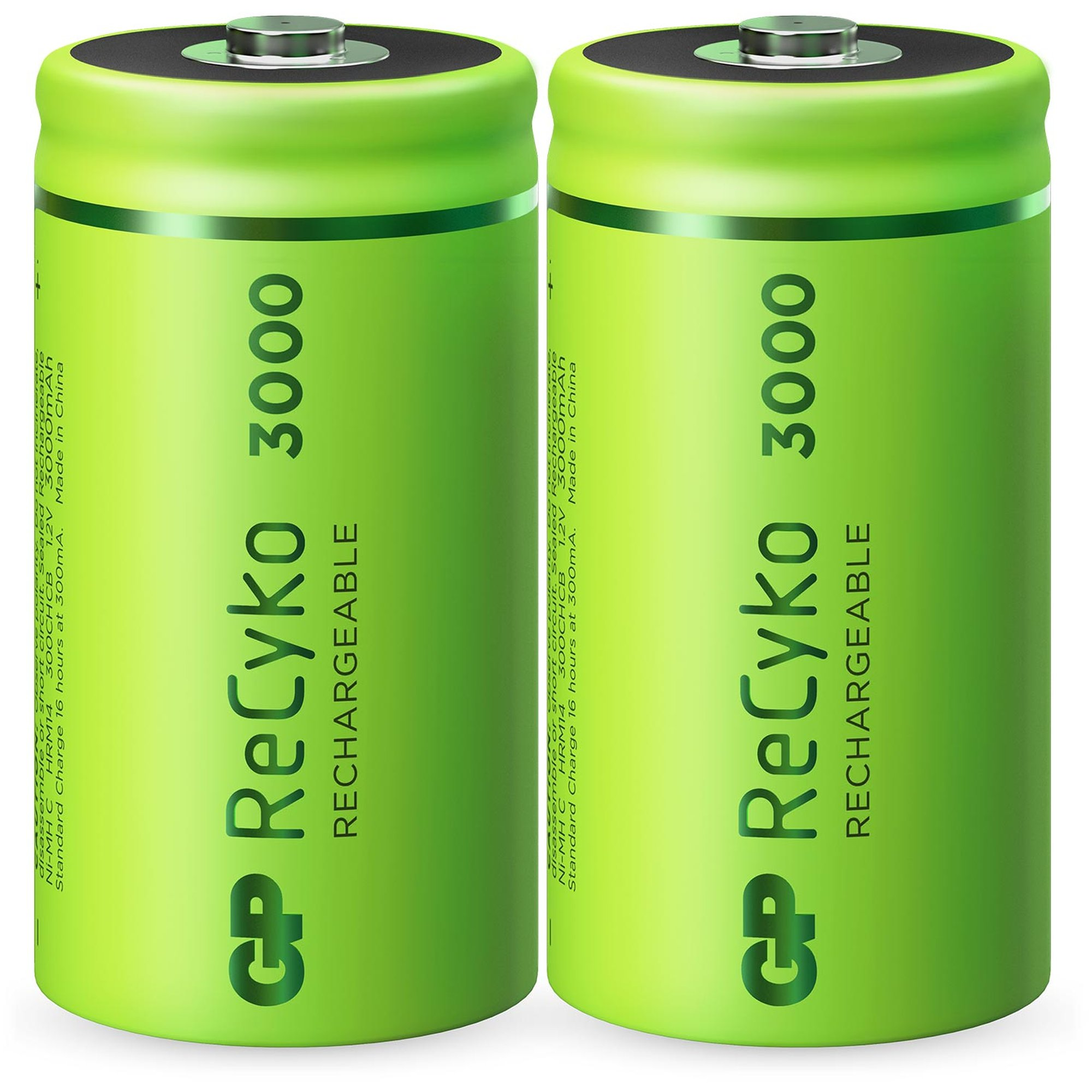Twee groene oplaadbare batterijen, 'GP ReCyko 3000'. Labels met productdetails.