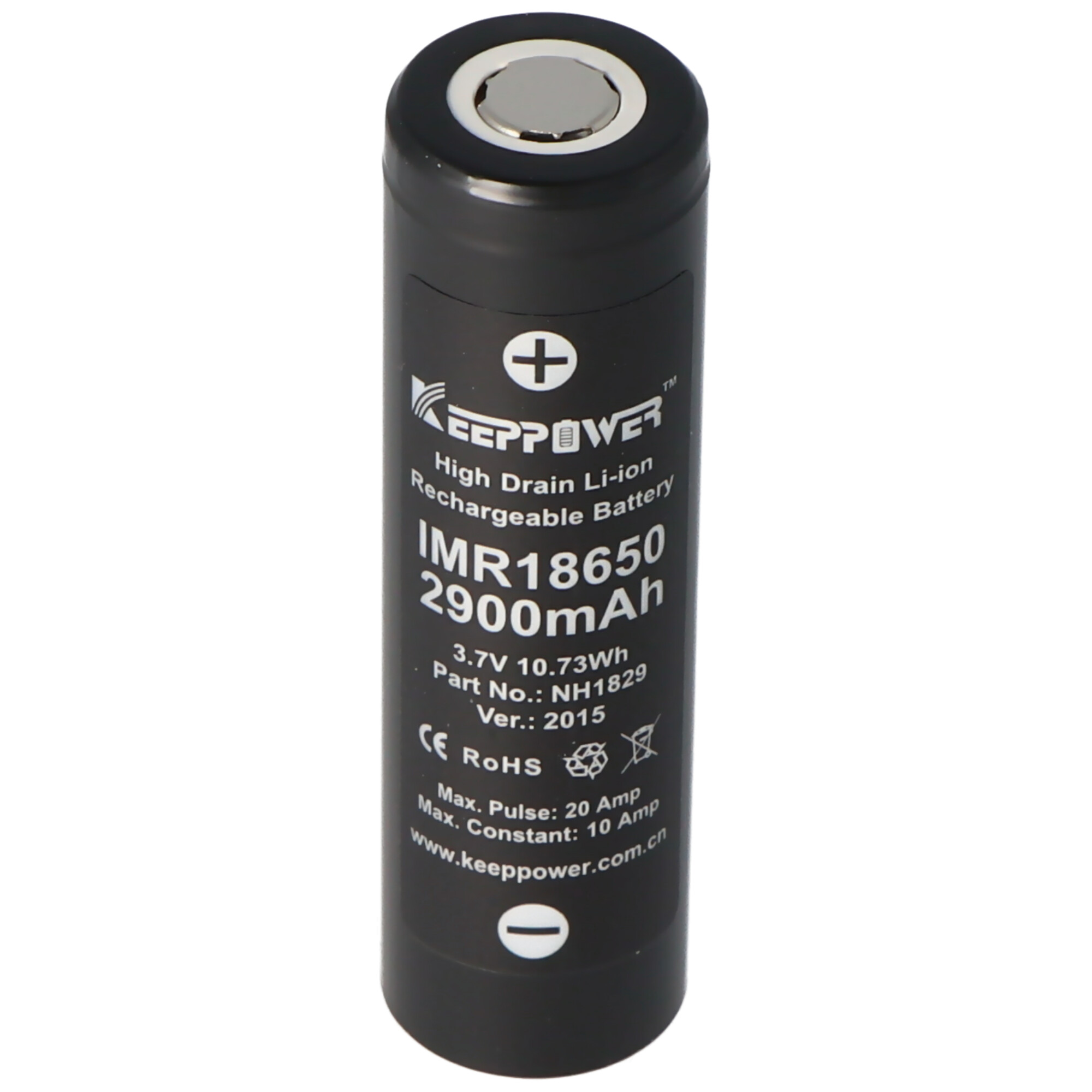Een zwarte Keepower oplaadbare batterij, gelabeld met specificaties.