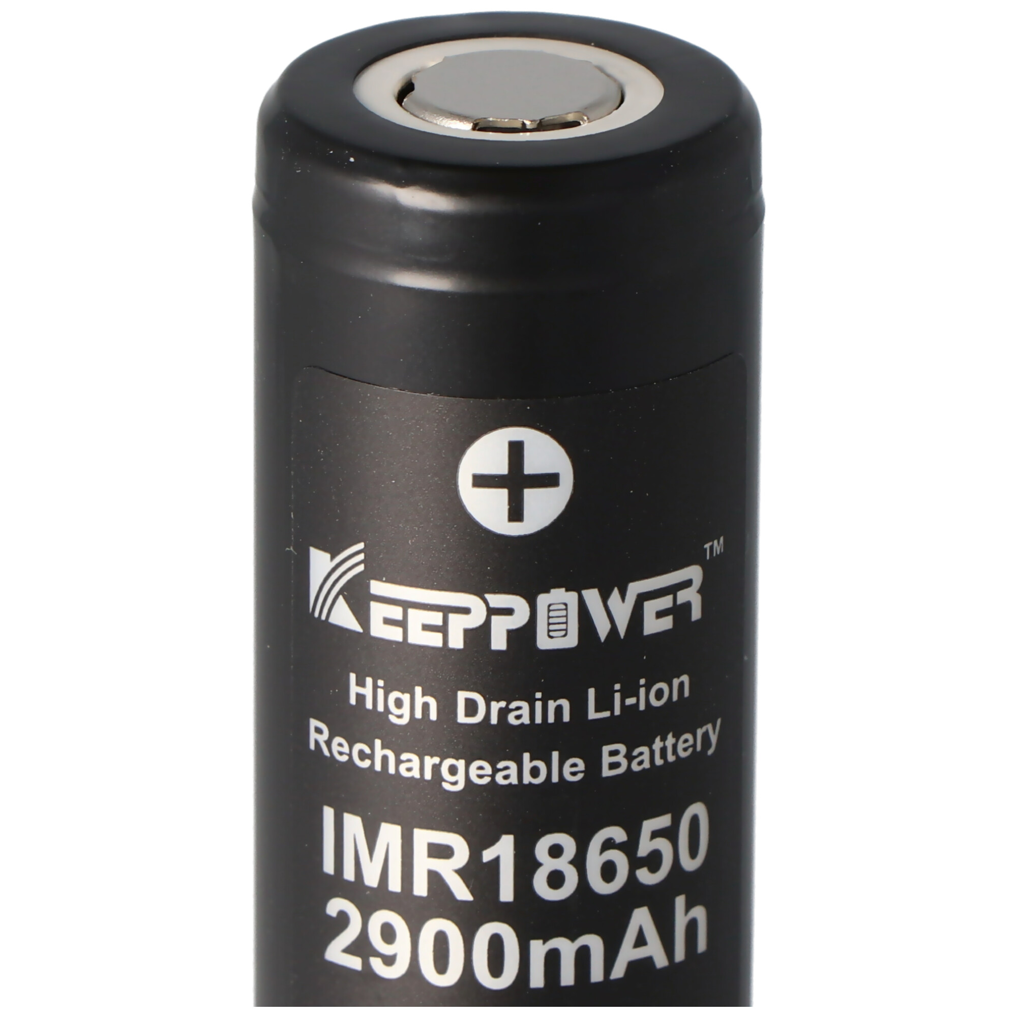 Zwarte oplaadbare batterij met witte tekst: 'KeepPower' en 'IMR18650 2900mAh'.