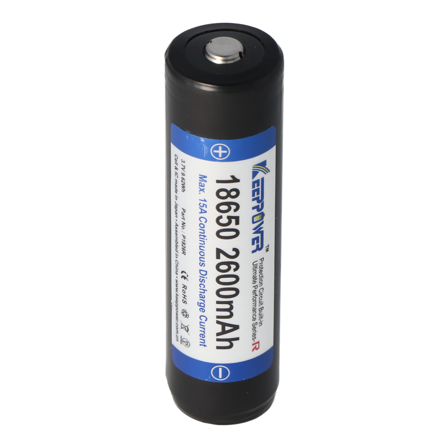 Een zwarte 18650 oplaadbare batterij met een blauw en wit label. Tekst: '18650 2600mAh'.