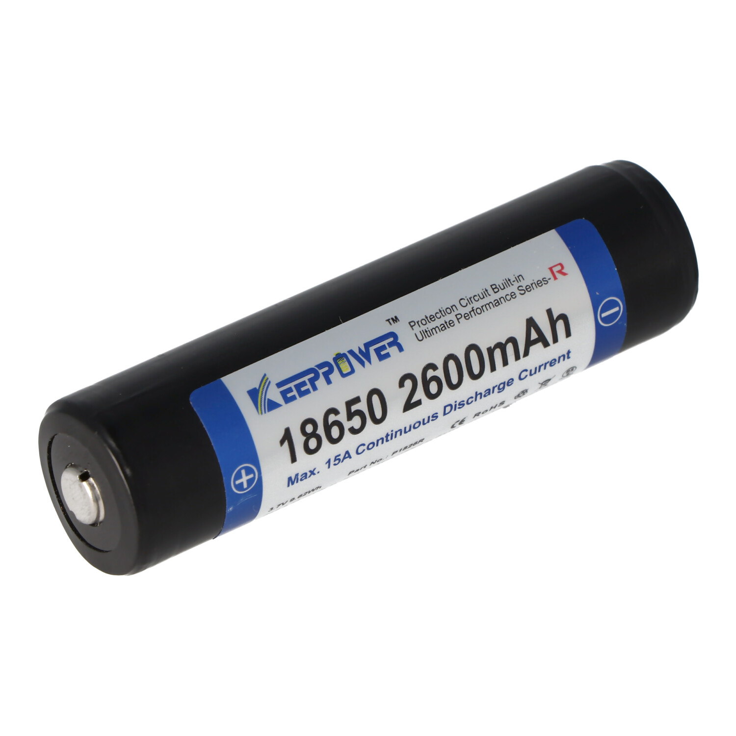 Een zwarte 18650-batterij met een blauw label. Het label heeft witte tekst en een plus/min-symbool.