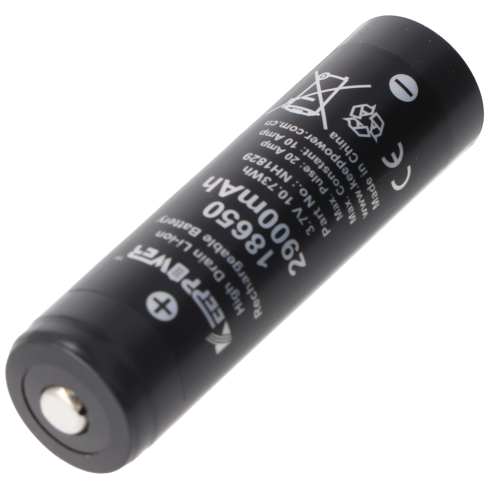 Zwarte 18650 oplaadbare batterij, met tekst.