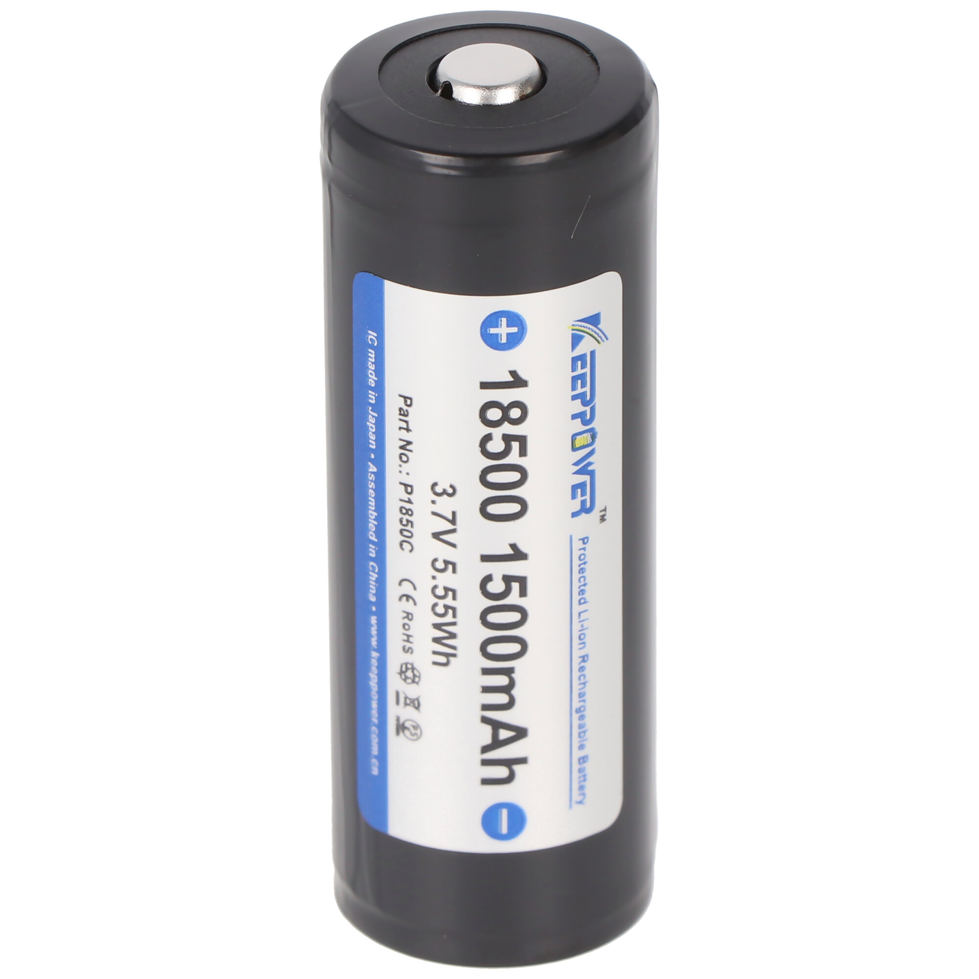 Zwarte 18500 oplaadbare batterij. Wit label met tekst en symbolen. Witte achtergrond.