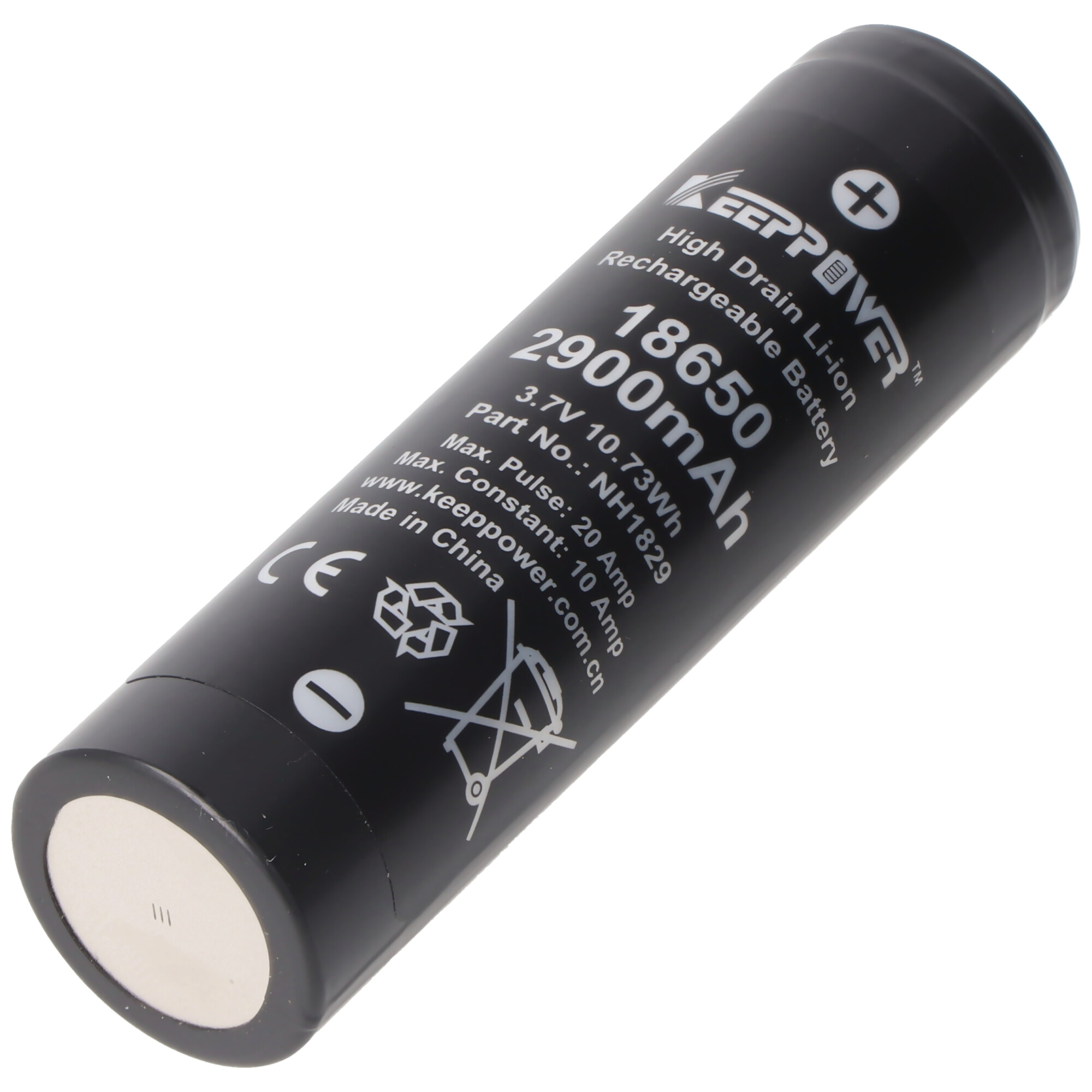 Zwarte Keepower 18650 batterij met witte tekst op witte achtergrond.