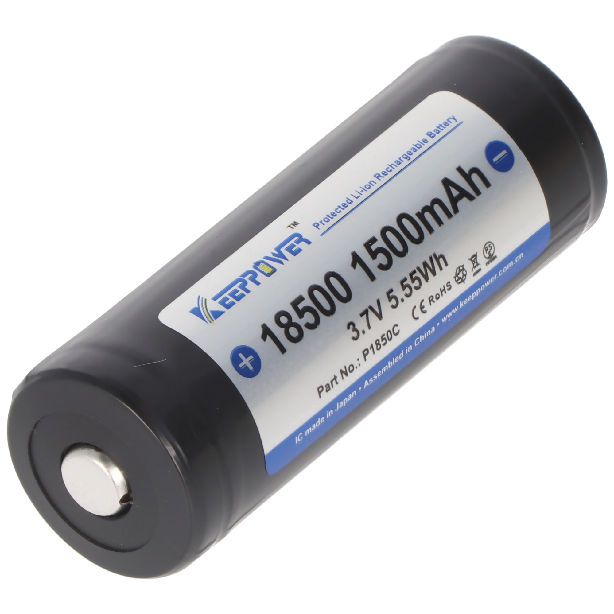 Zwarte cilindrische batterij met wit label en plus- en mintekens.
