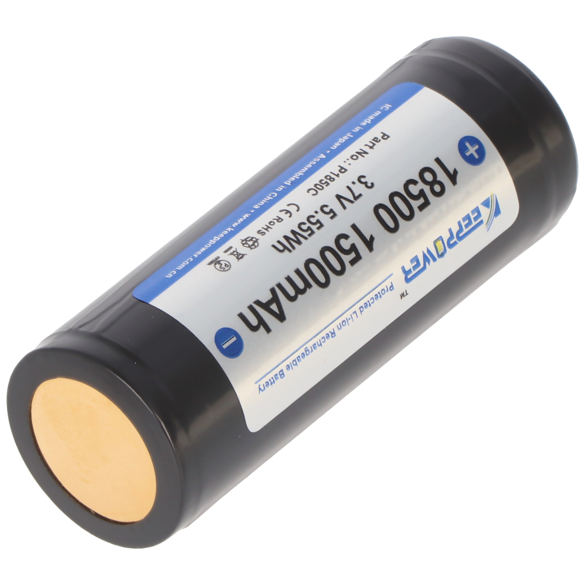 18500 1500mAh batterij. Zwarte cilindrische vorm. Labels met tekst, waaronder 3,7V en CE RoHS. Witte achtergrond.