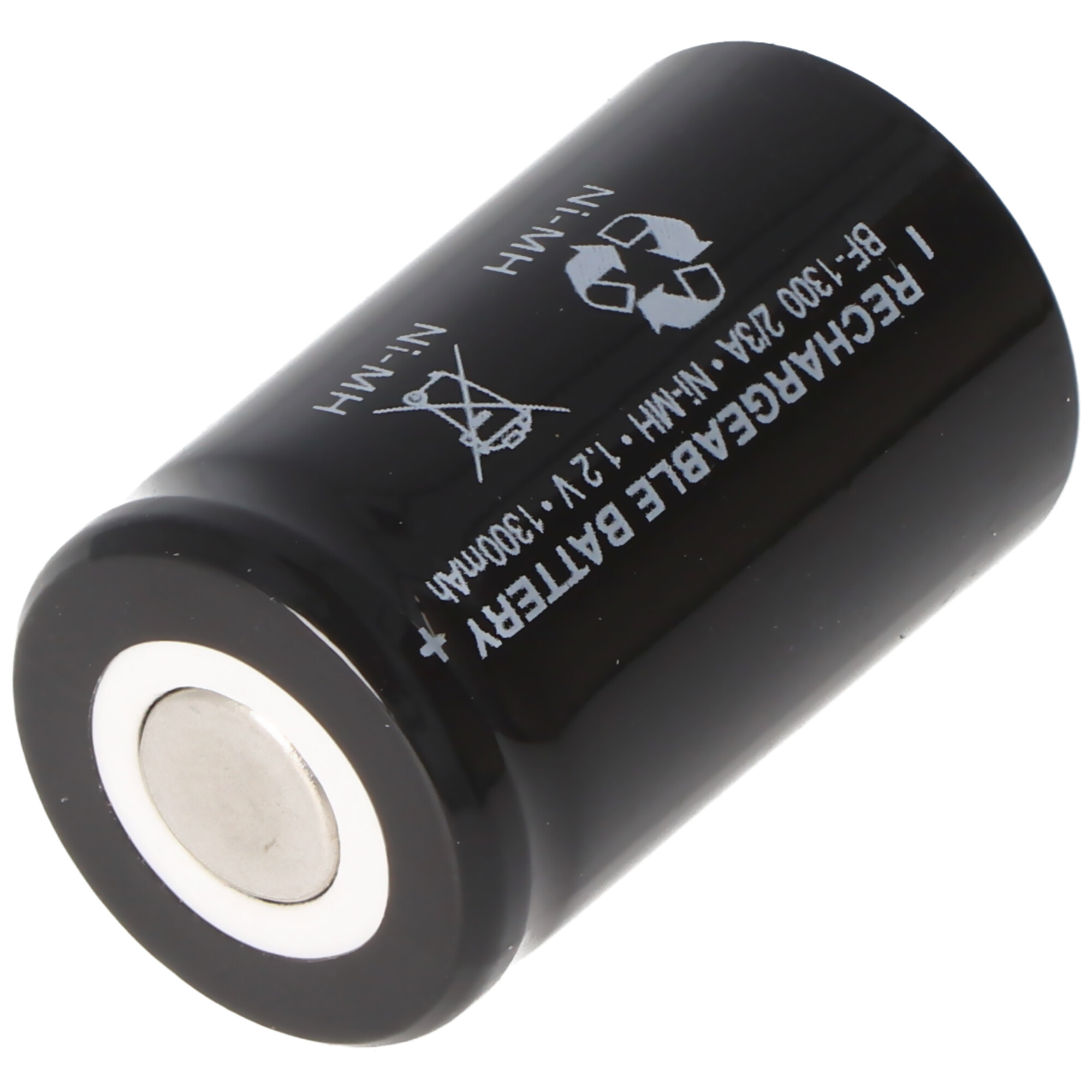 A black rechargeable battery with white text and recycling symbols.