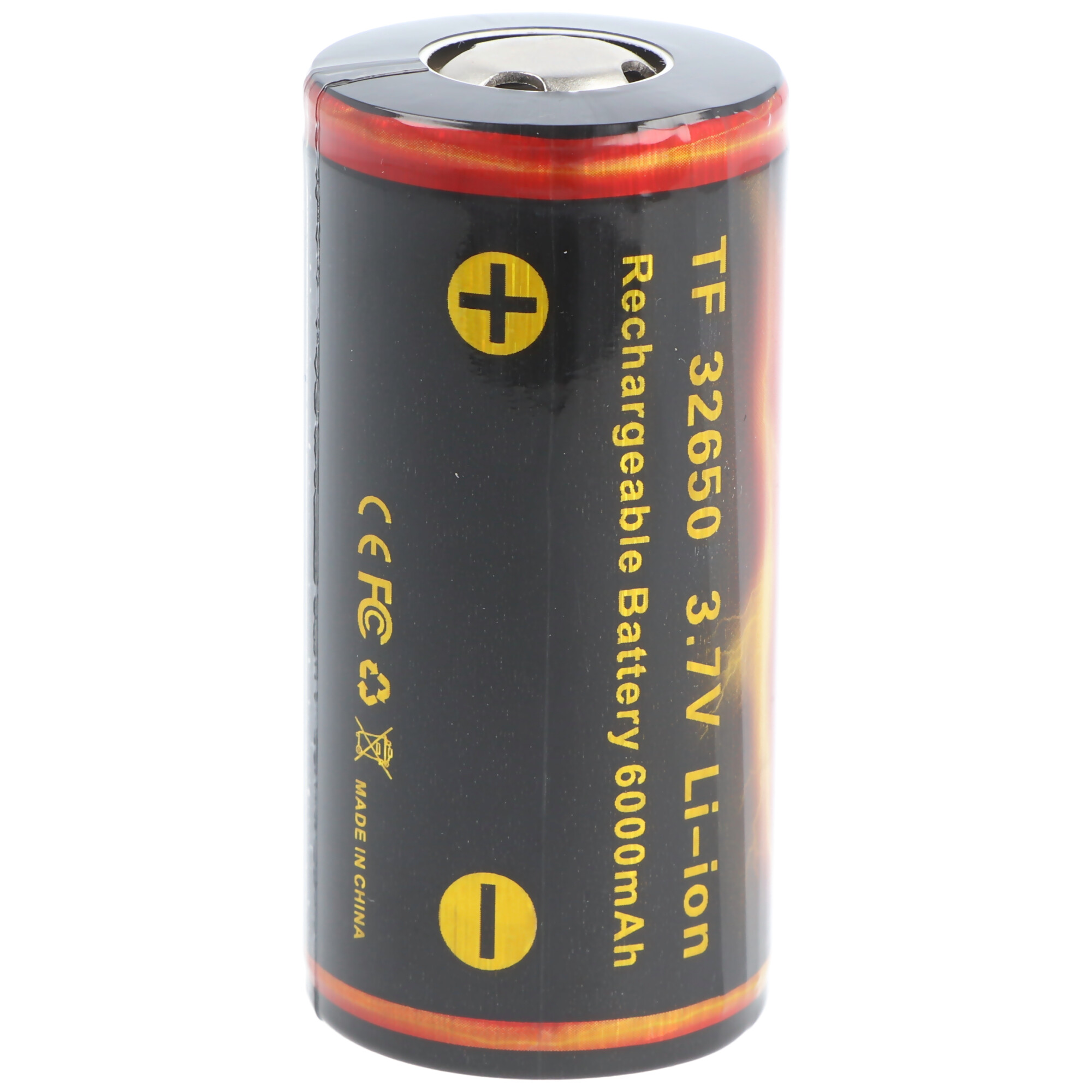 Een zwarte en rode cilindrische oplaadbare batterij met tekst en markeringen.