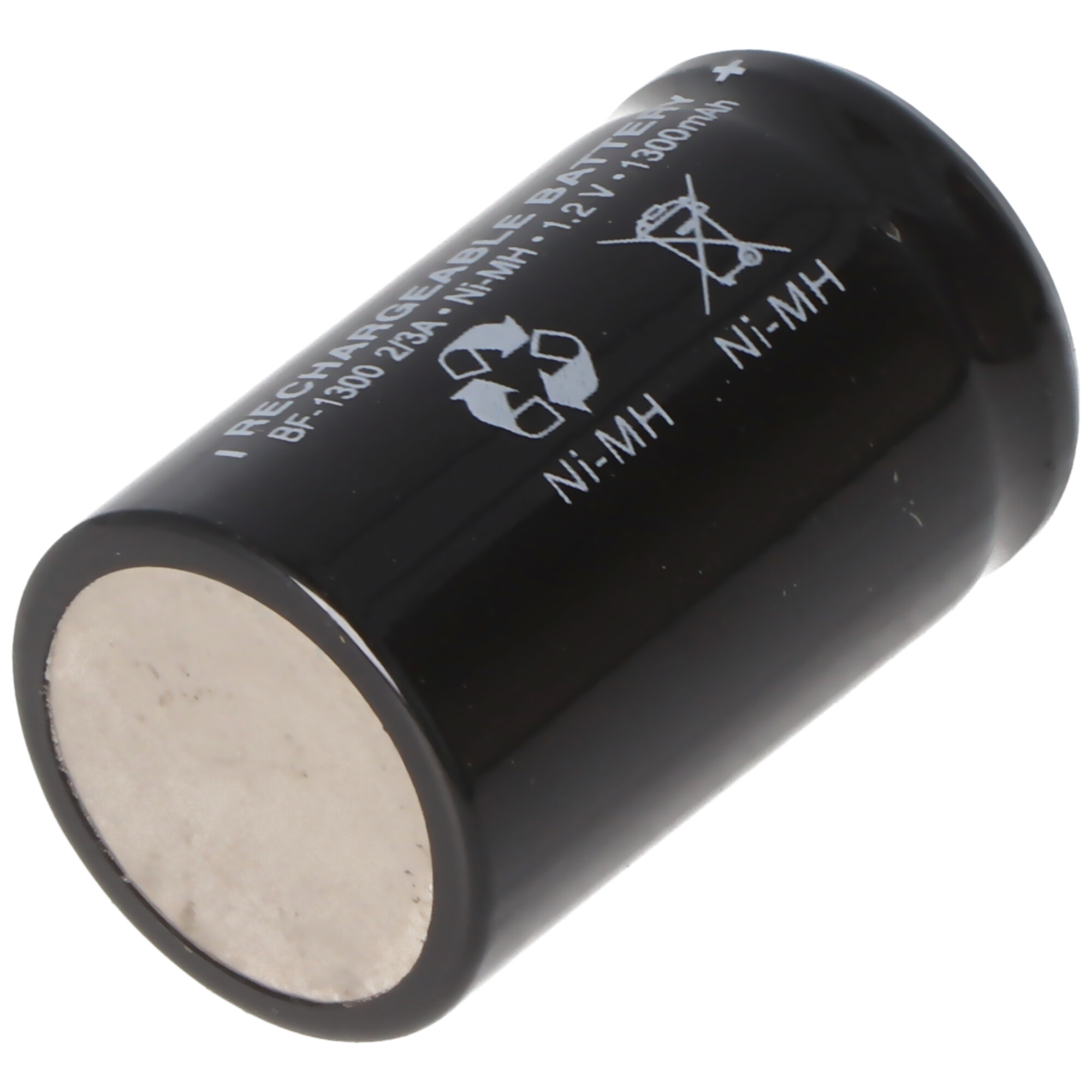 Black cylindrical battery with white text and recycling symbols.