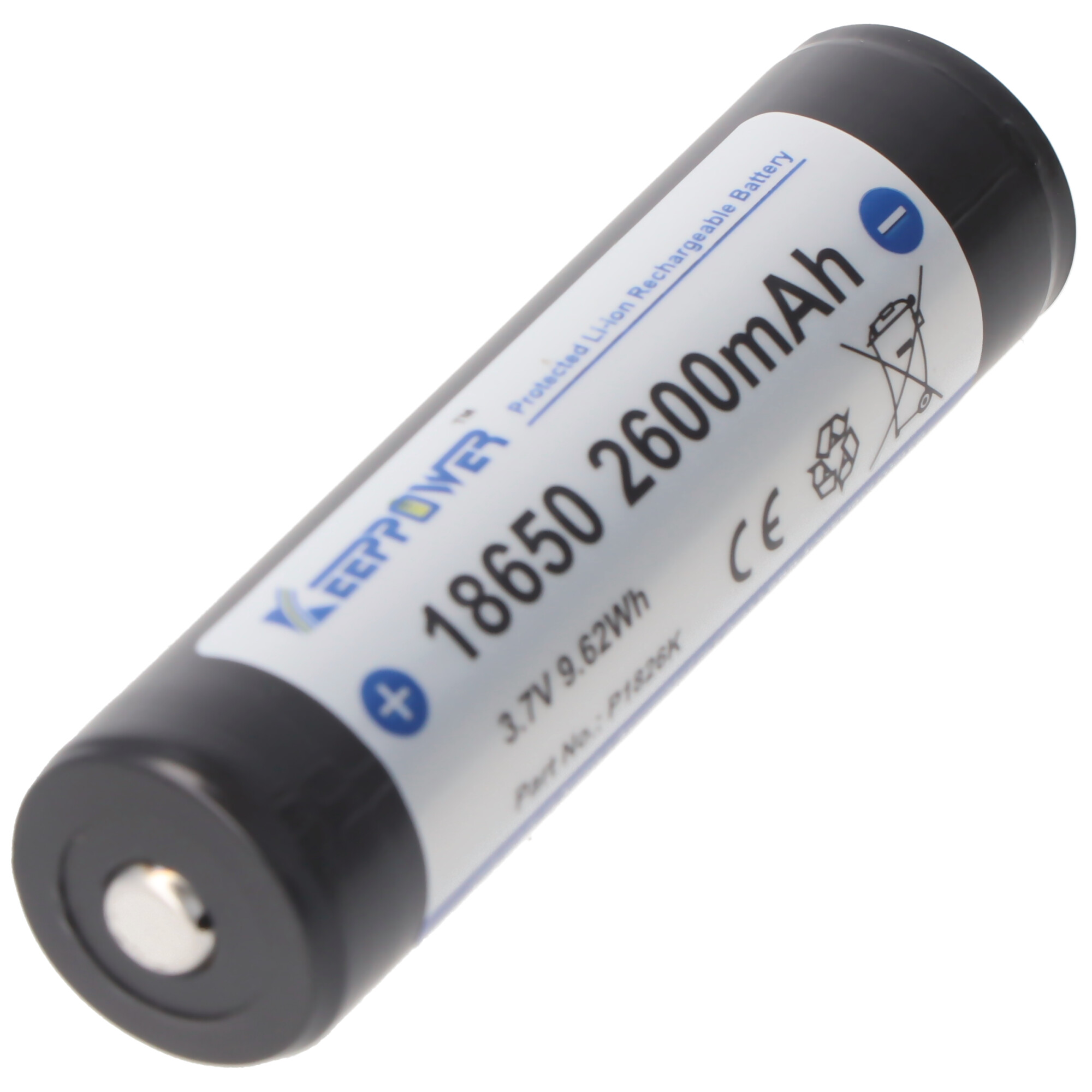 Eine schwarze zylindrische Batterie mit der Aufschrift "18650 2600mAh" und "Protected Li-ion Rechargeable Battery".