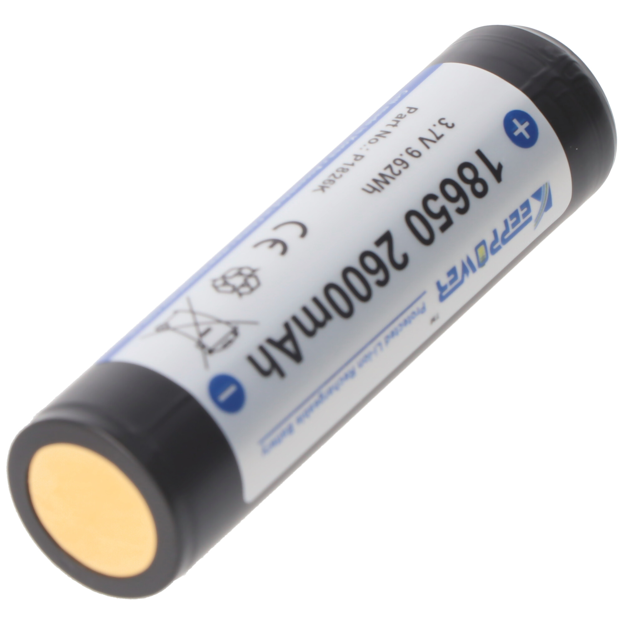 Zylindrische Batterie mit schwarzem Gehäuse, weißem Etikett und goldfarbener Oberseite.