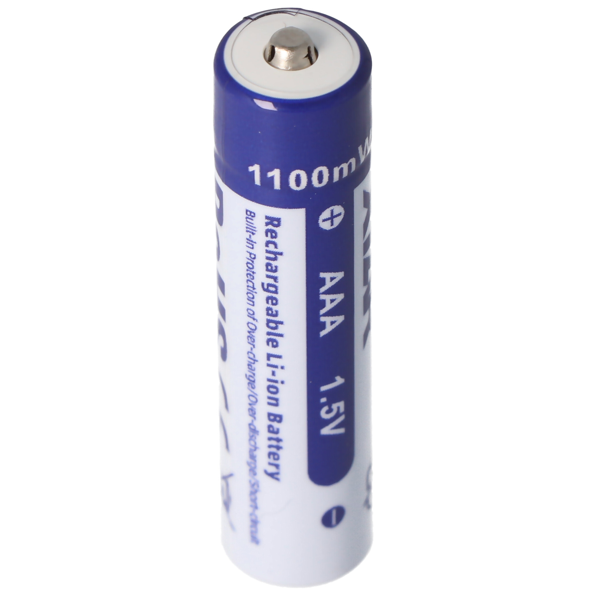 Een enkele AAA 1.5V oplaadbare Li-ion batterij. Het heeft een blauw-wit label met tekst.