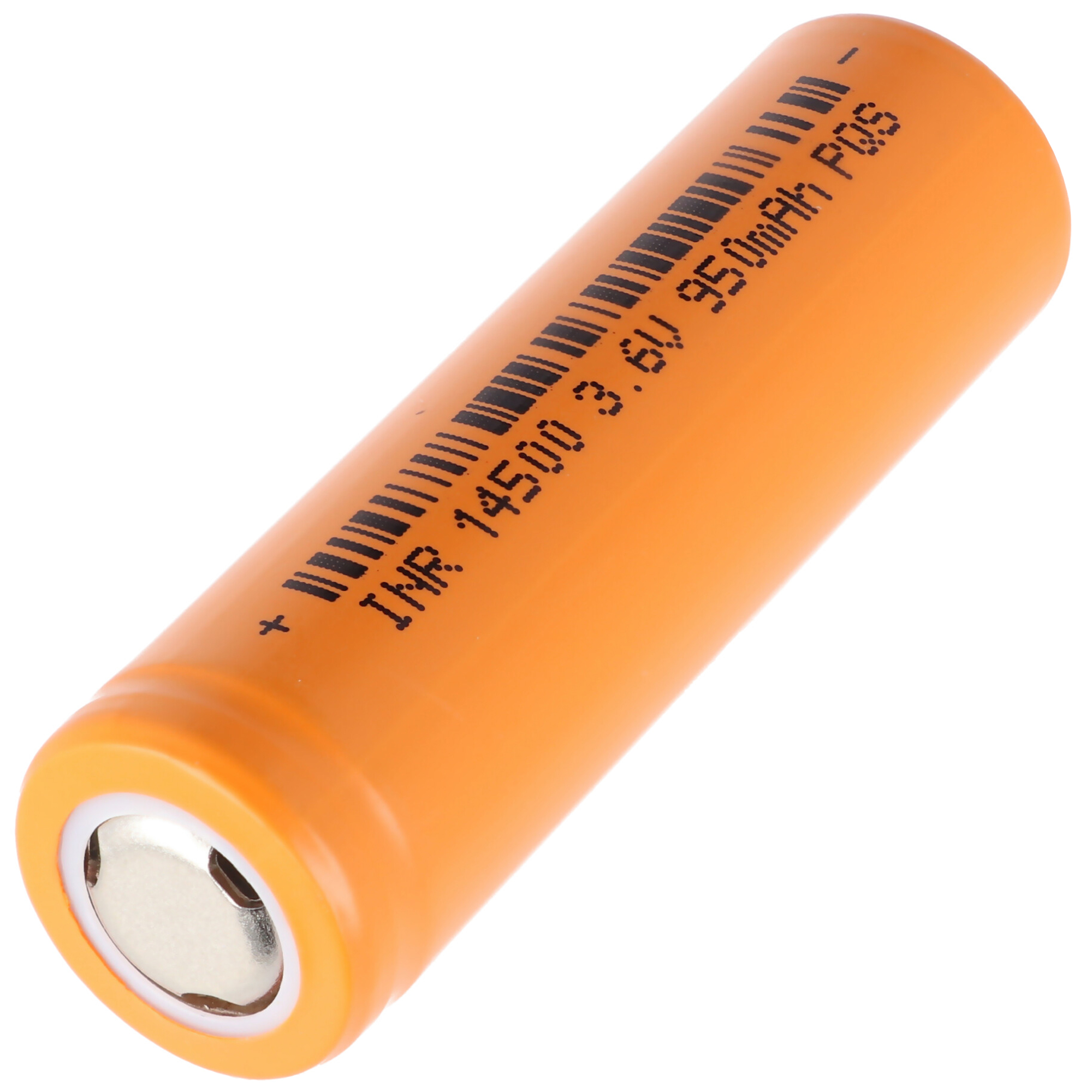 Orangefarbene 14500 3,6V 950mAh POS-Akku. Zylindrische Form mit schwarzen Markierungen.