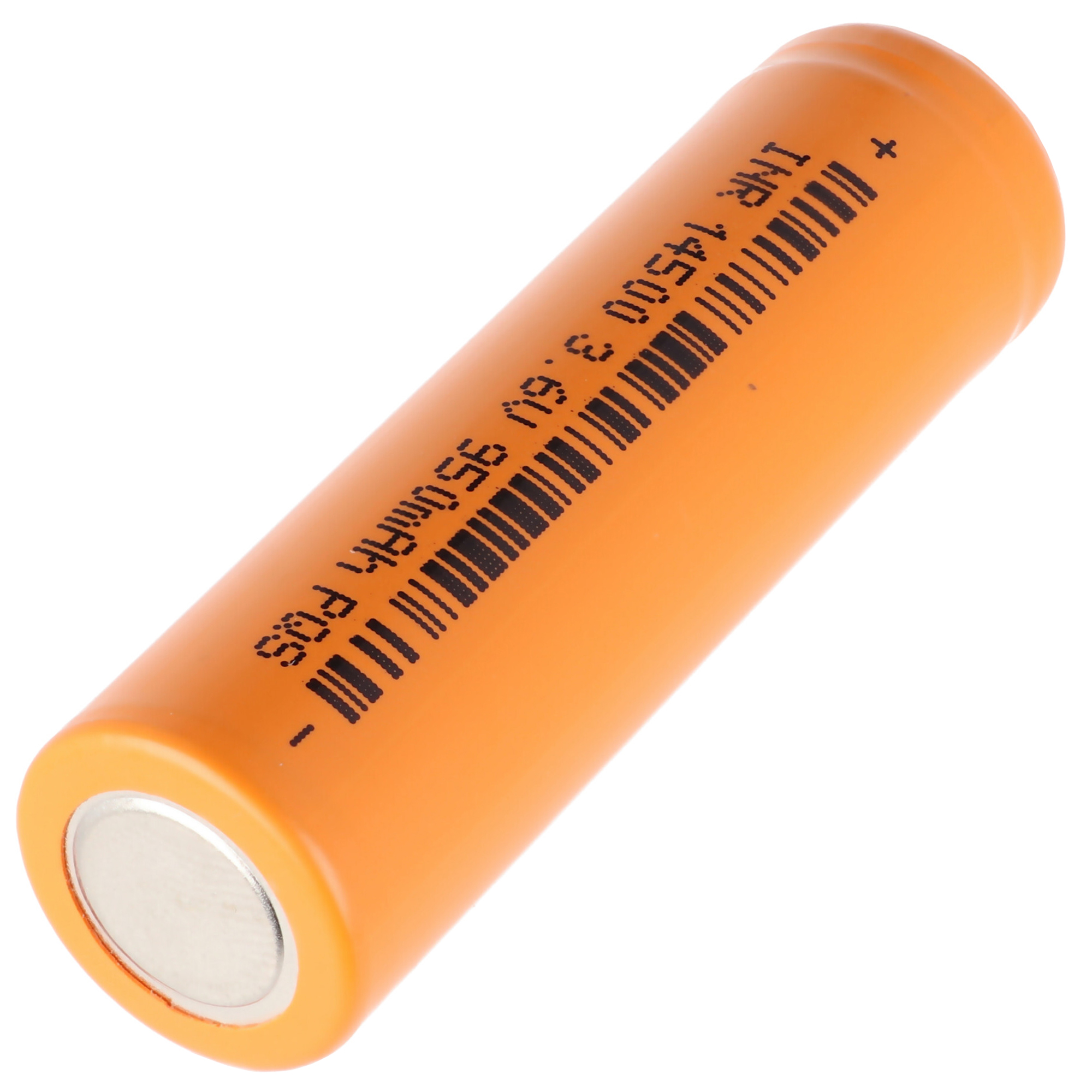Orangene zylindrische Batterie mit schwarzem Text und einem Metallende.