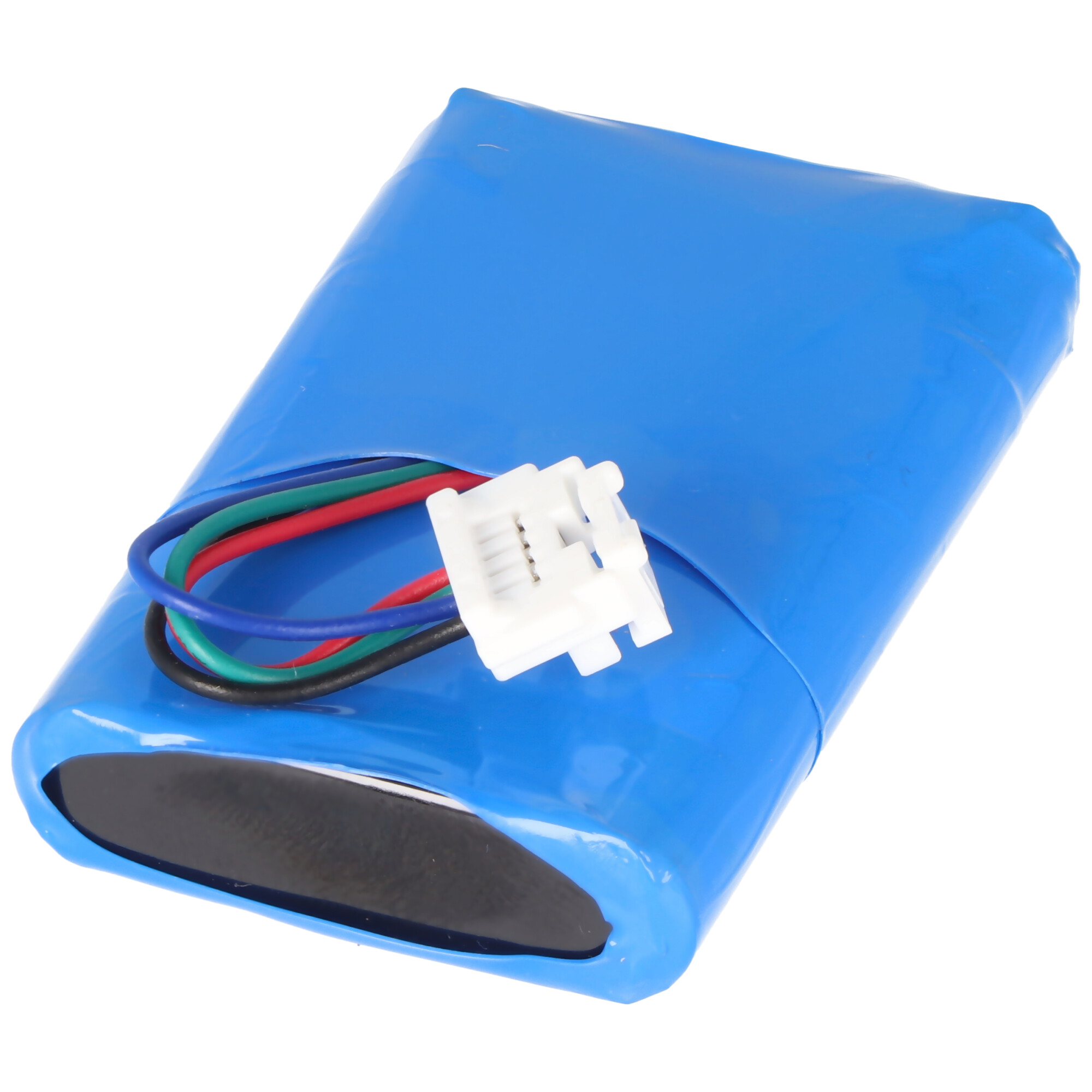 Blauwe rechthoekige batterij met draden en een witte connector. De batterij is in blauw verpakt.