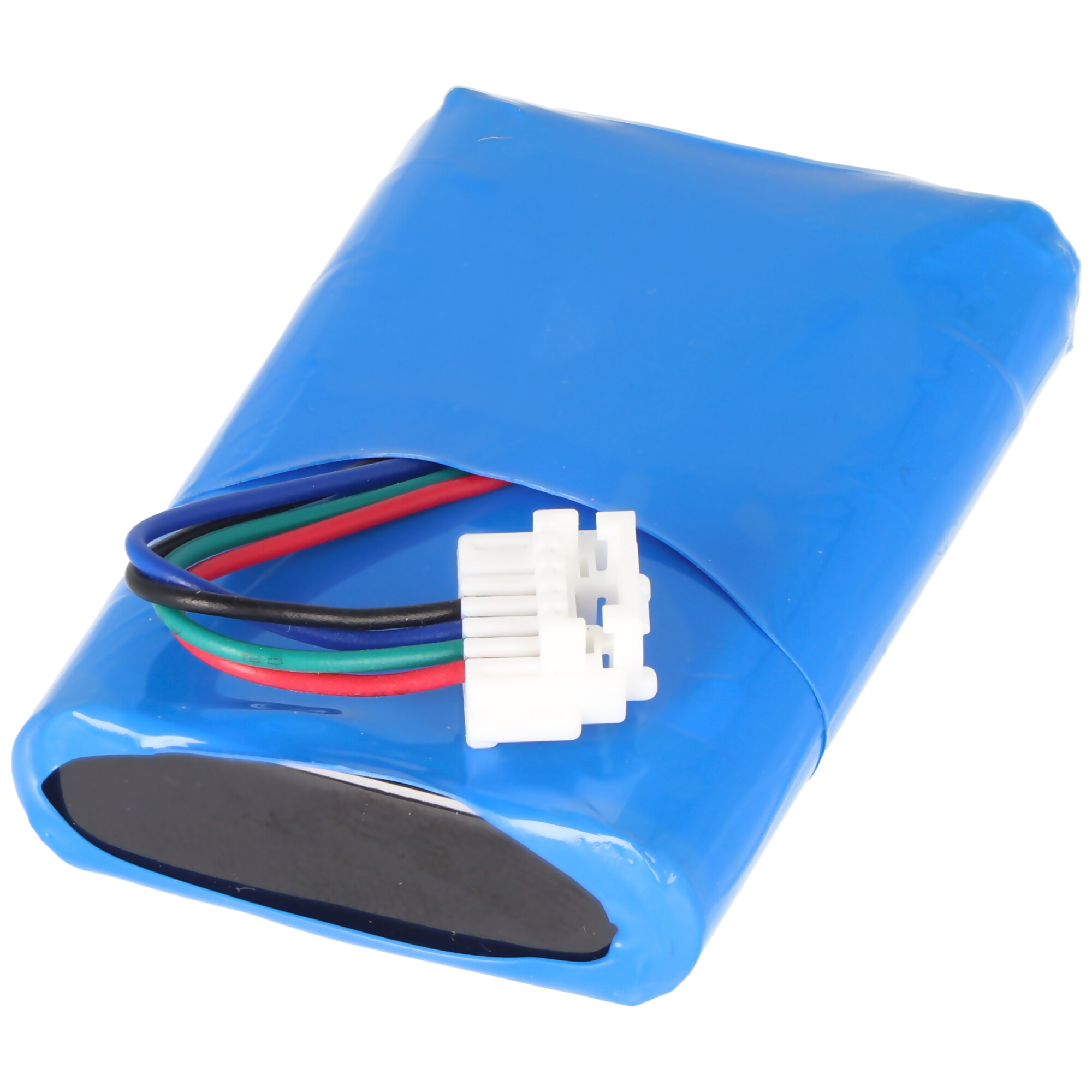 Een zwarte laptopbatterij met waarschuwingslabels. Rechthoekig en heeft een connector.