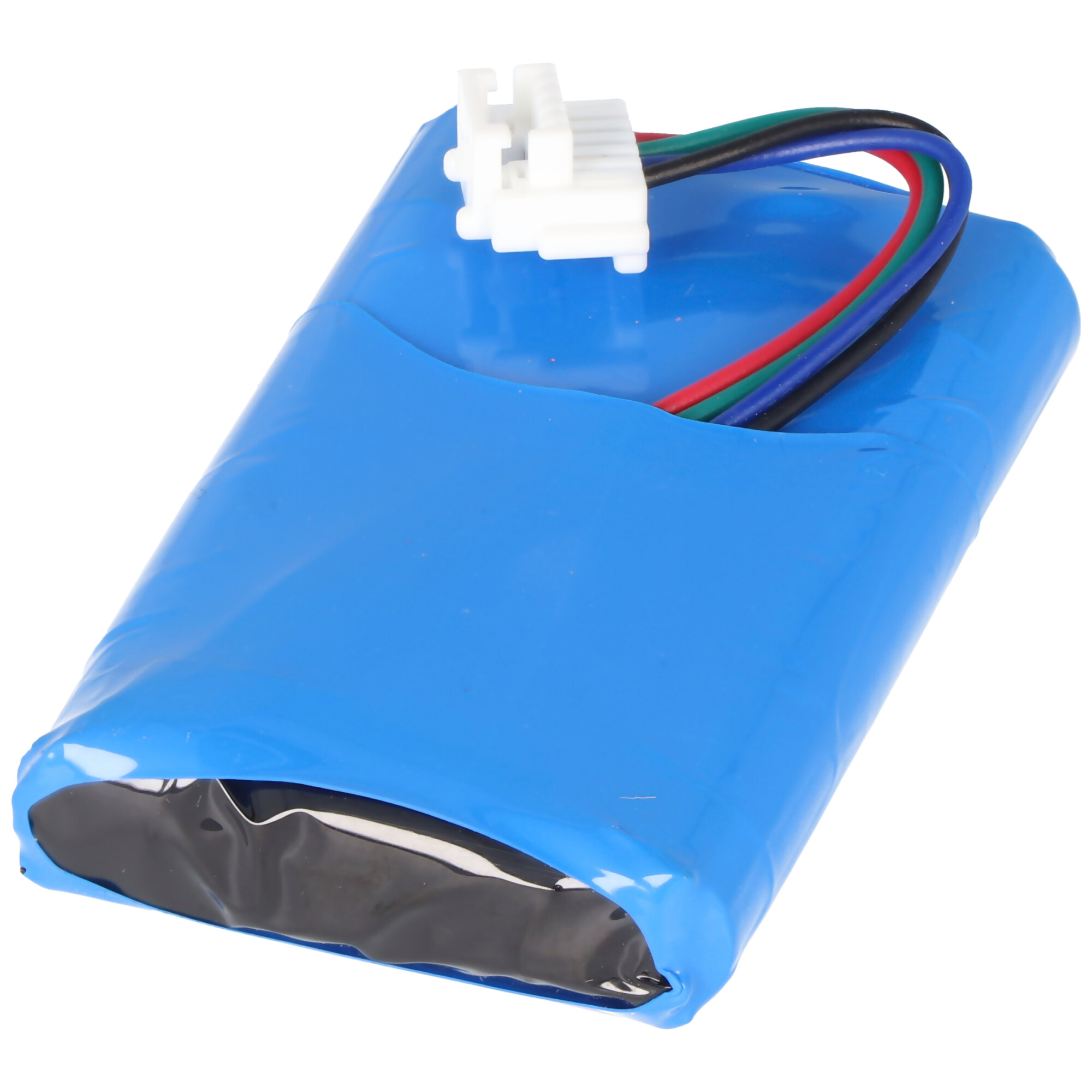 Een blauwe batterij met een witte connector en gekleurde draden.
