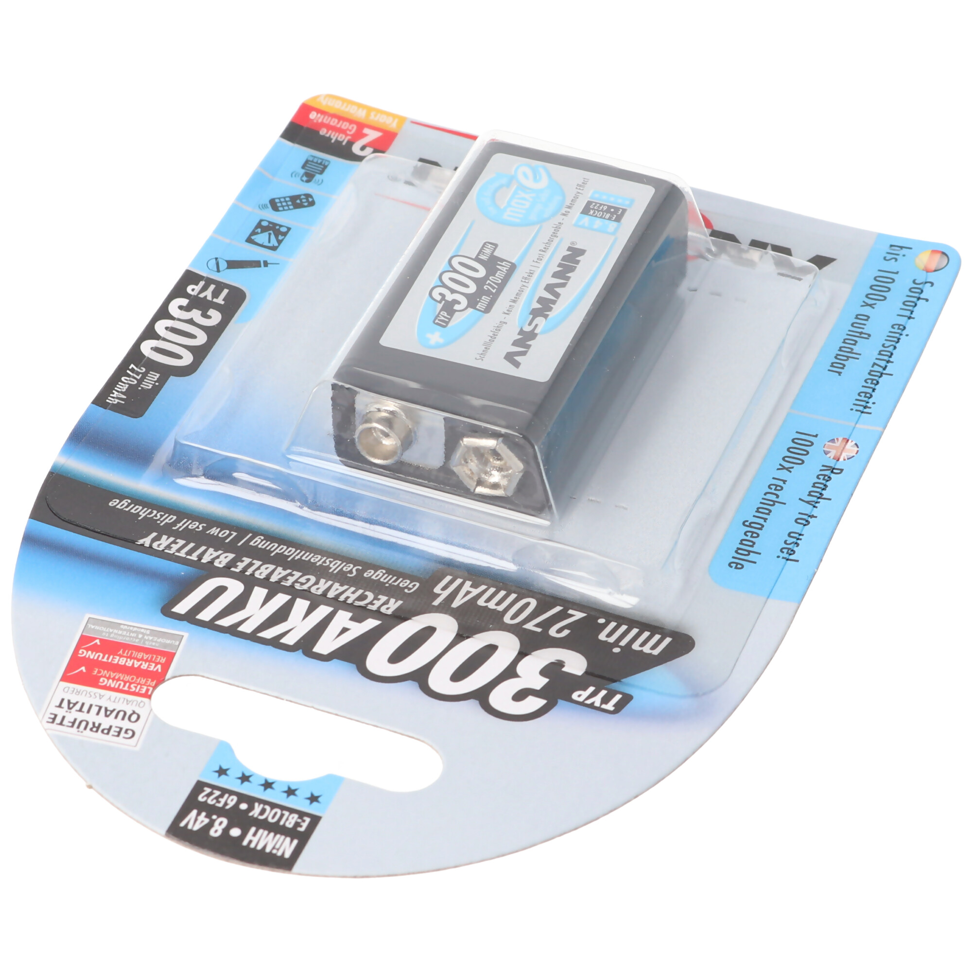 Ein wiederaufladbarer 9V-Akku in einer Blisterpackung, mit Produktdetails.