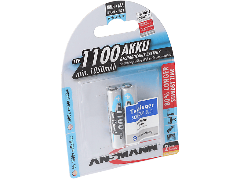 ANSMANN Ansmann NiMH-Akku Typ 1100 Micro 1050mAh 2er Blister NiMH - Nickel-Metallhydrid Akku, 1050 mAh