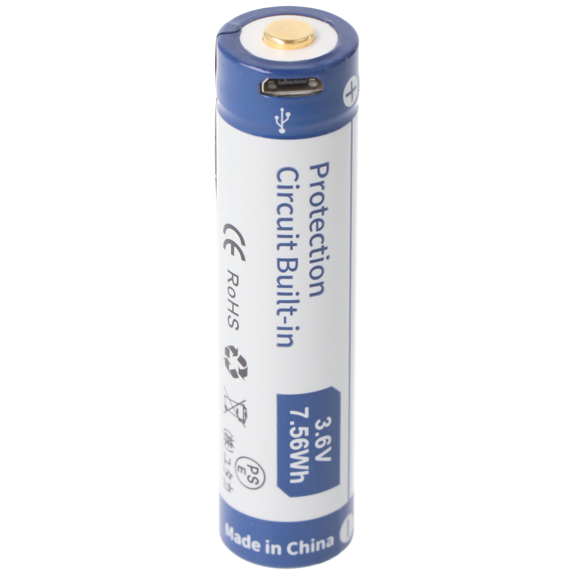 Witte batterij met blauwe bovenkant, USB-poort. Tekst: Protection Circuit Built-in, 3.6V, 7.56Wh. Made in China.