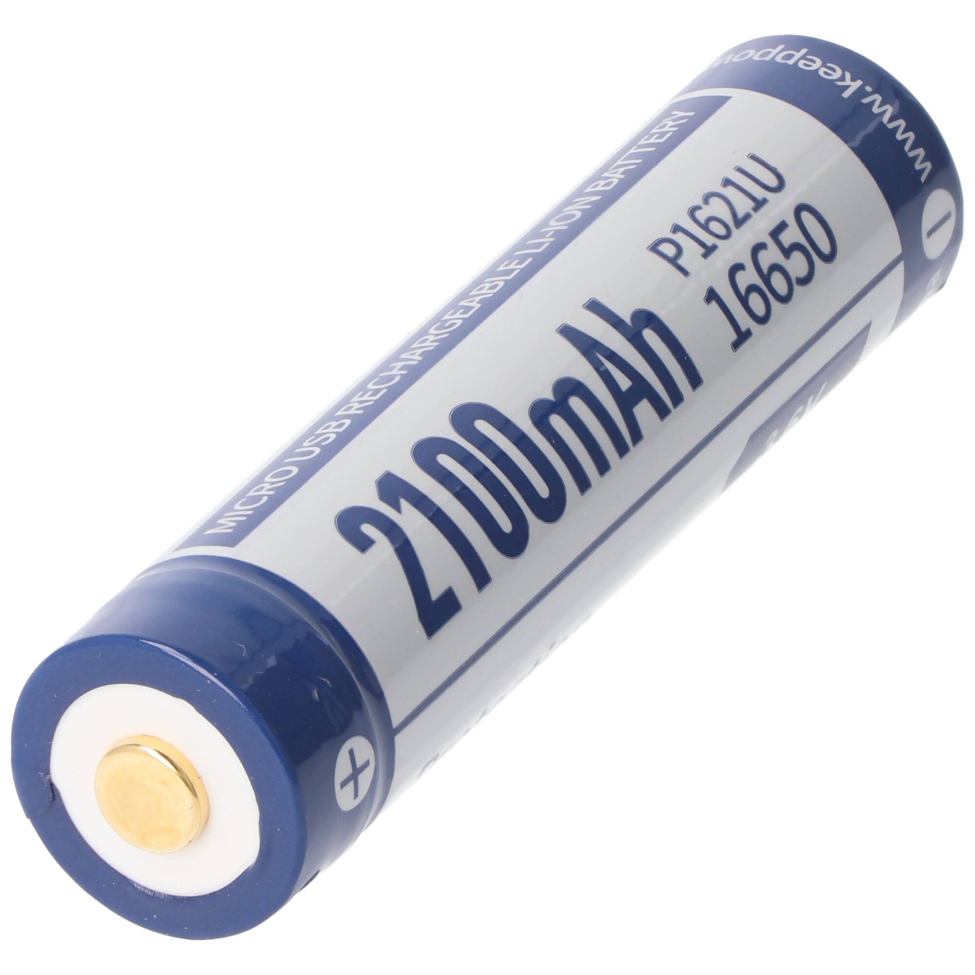 Een cilindrische, blauw-witte batterij met tekstmarkeringen, geïsoleerd op wit.