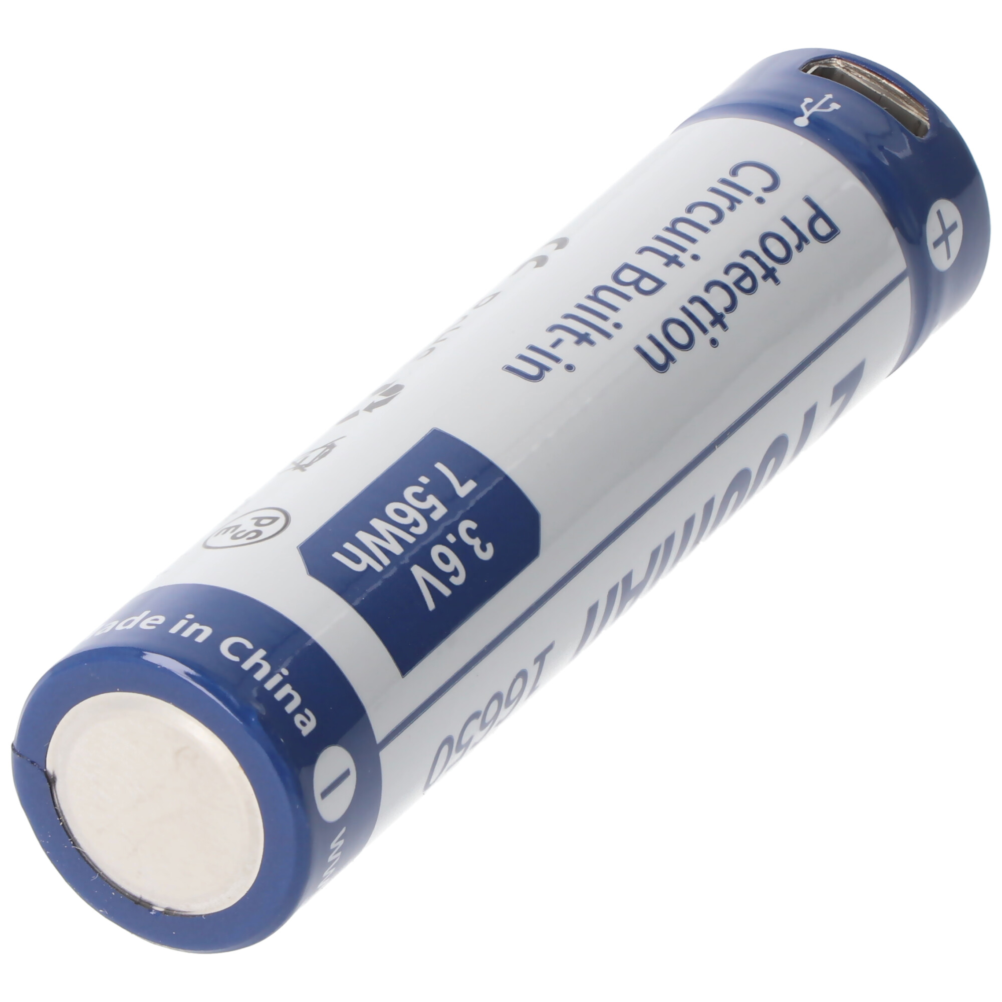 Cilindrische blauw-witte batterij met witte tekst.