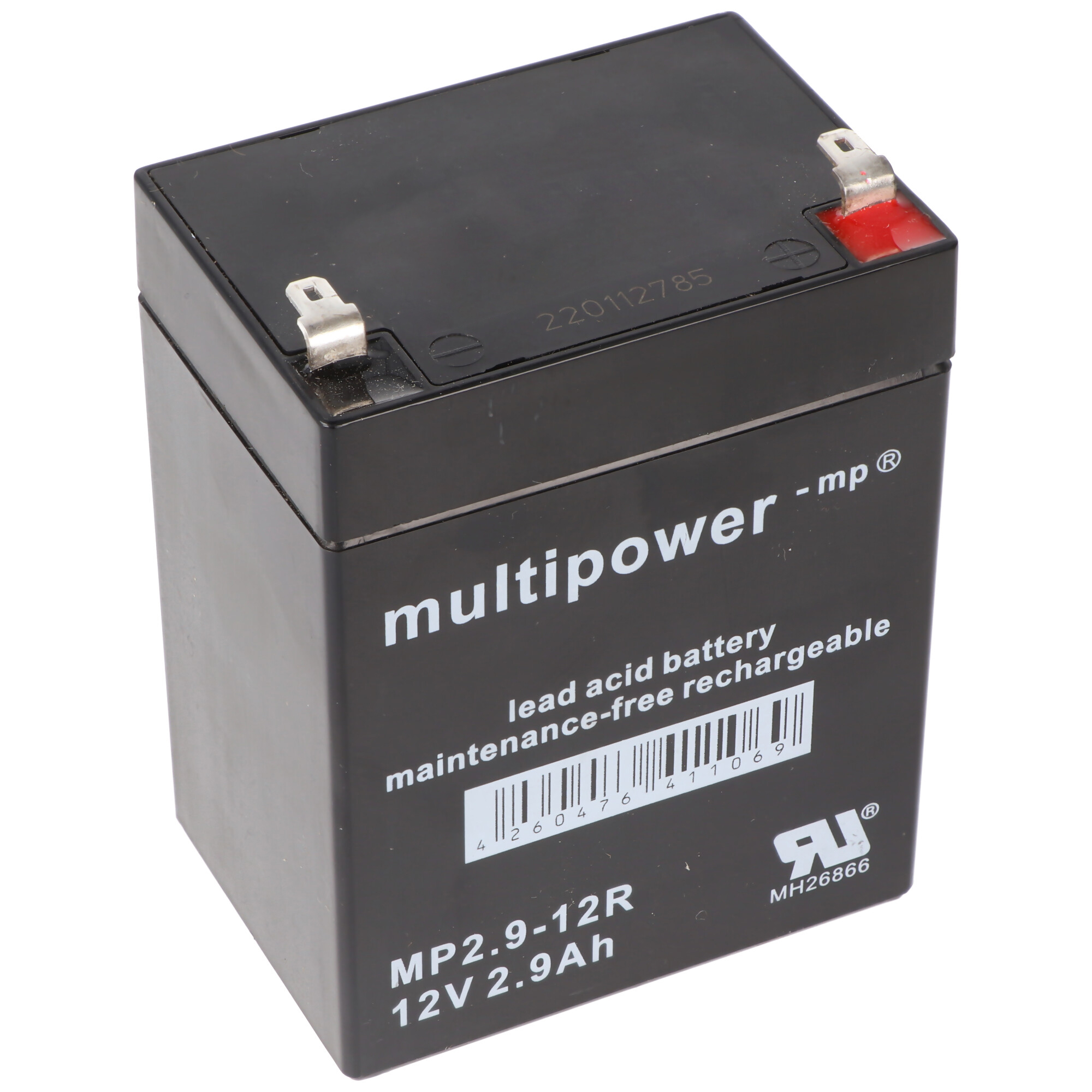 Eine schwarze, rechteckige Batterie mit weißem Text auf weißem Hintergrund.