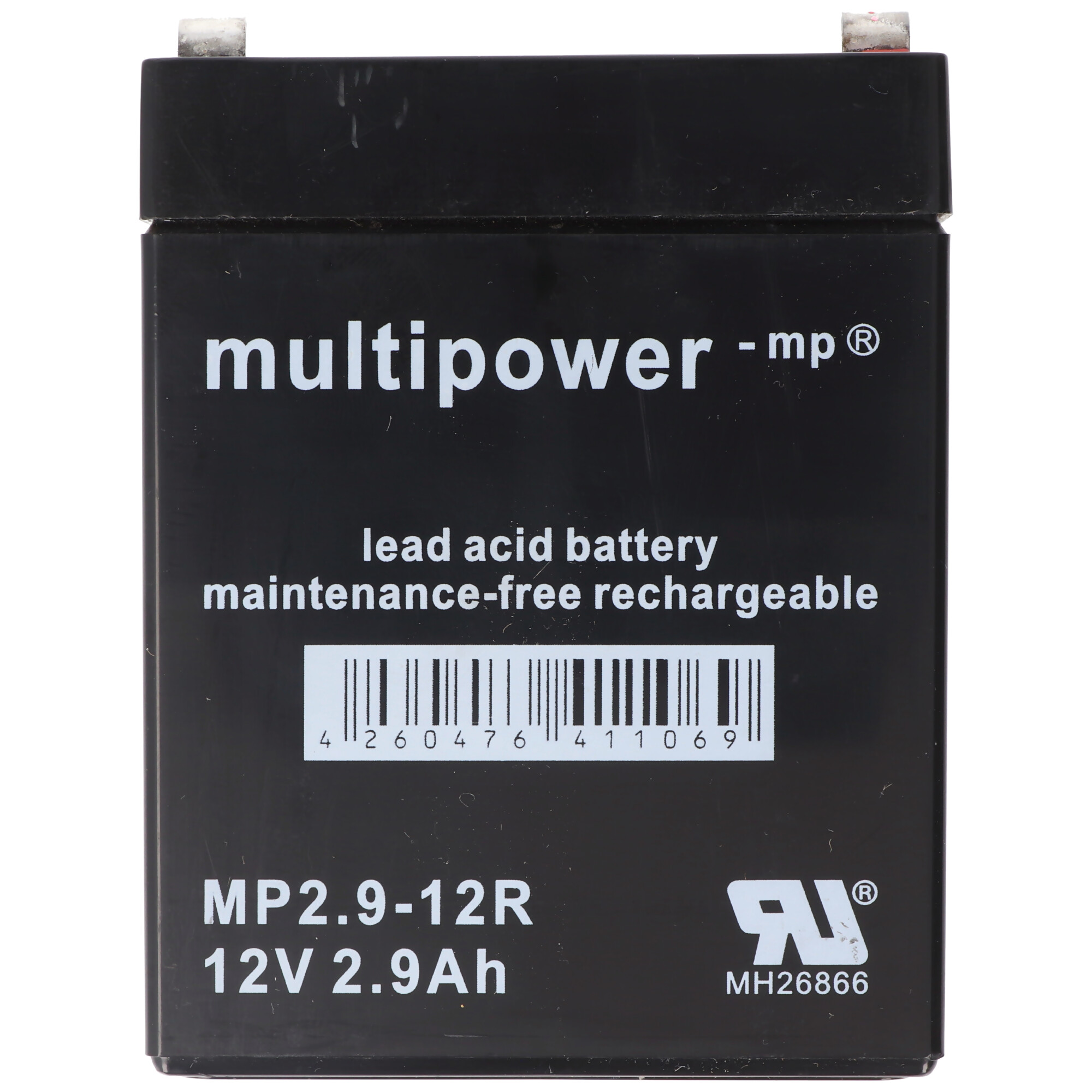 Eine schwarze rechteckige Batterie mit Text, einschließlich der Marke Multipower.