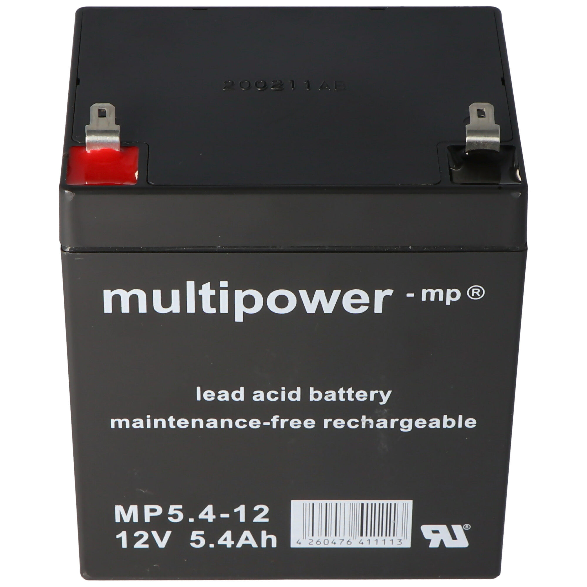Schwarze rechteckige Batterie mit der Aufschrift 'multipower'. Der Hintergrund ist weiß.