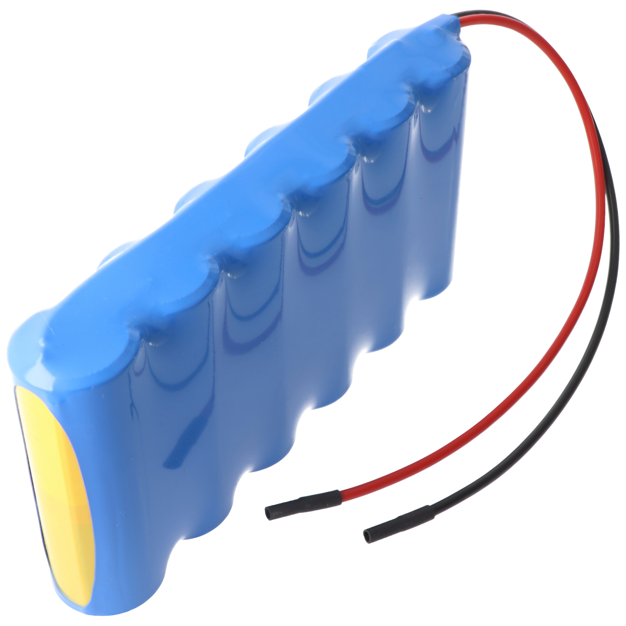 Blaues Batteriepack mit roten und schwarzen Drähten. Zylindrische Batterien verbunden.