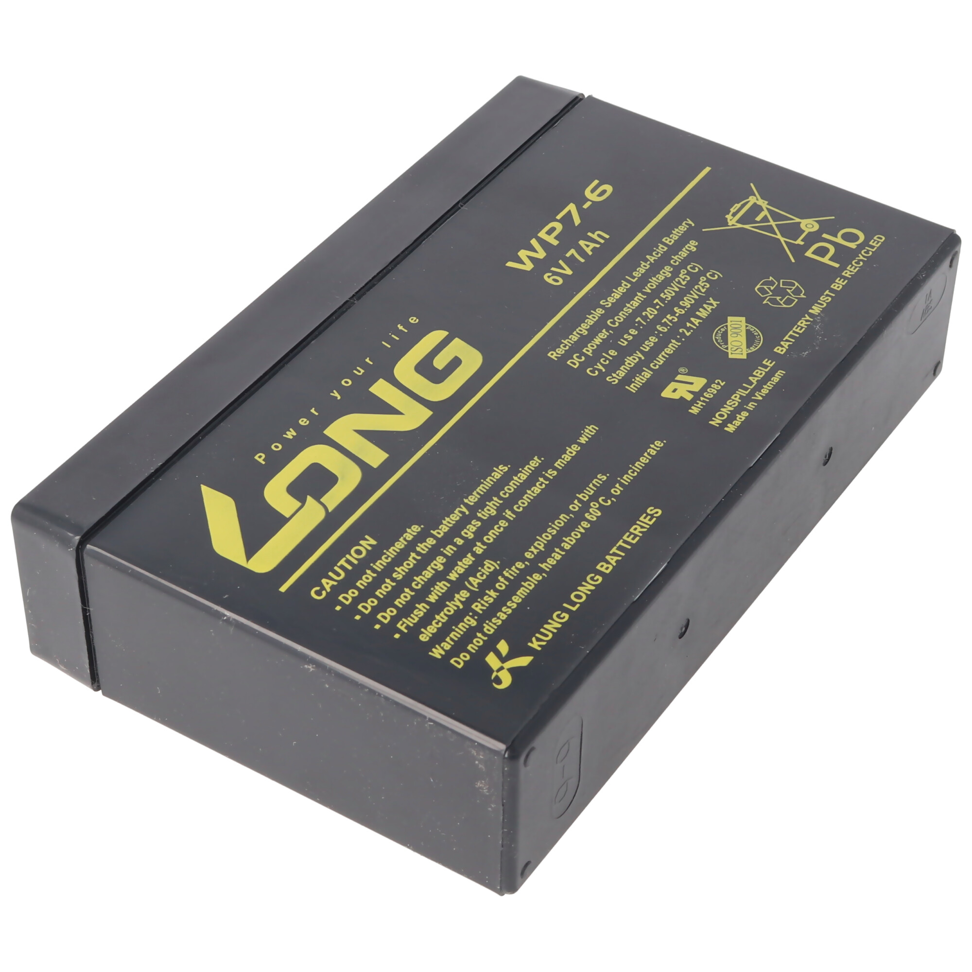 Eine schwarze rechteckige Batterie mit gelbem Text und einem Warnhinweis.