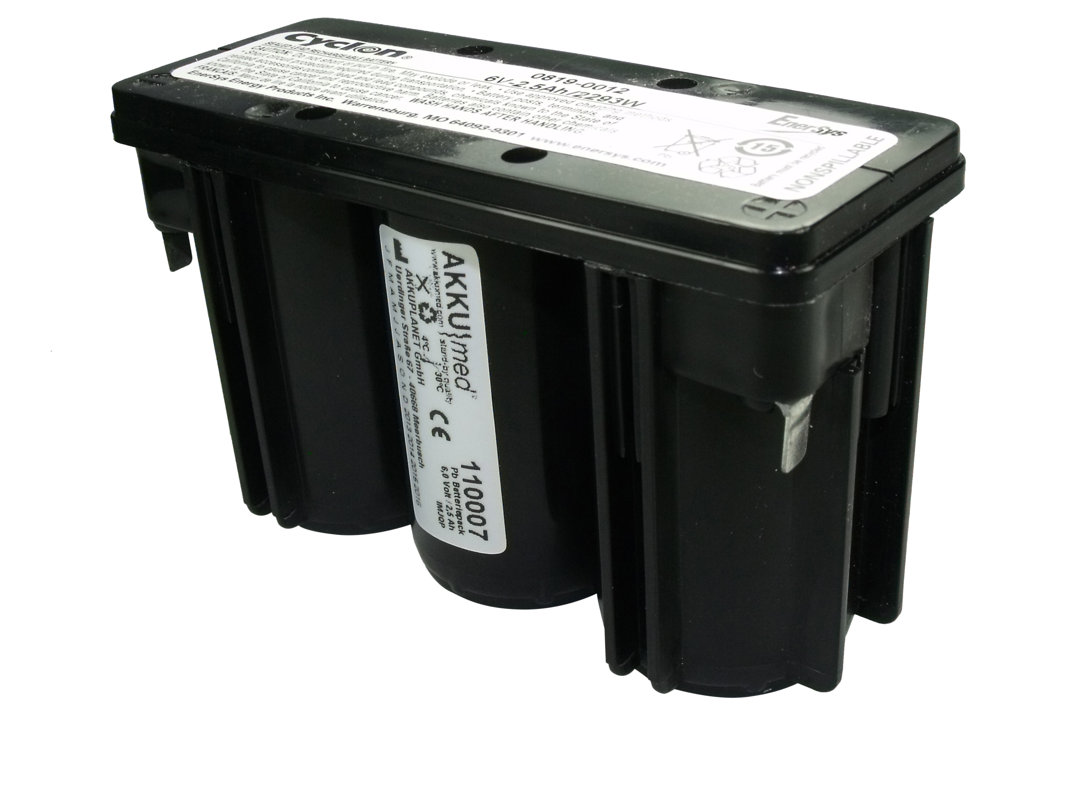 Schwarzes Batteriepack mit drei Zellen, einem Etikett und weißem Hintergrund. Es ist für medizinische Geräte.