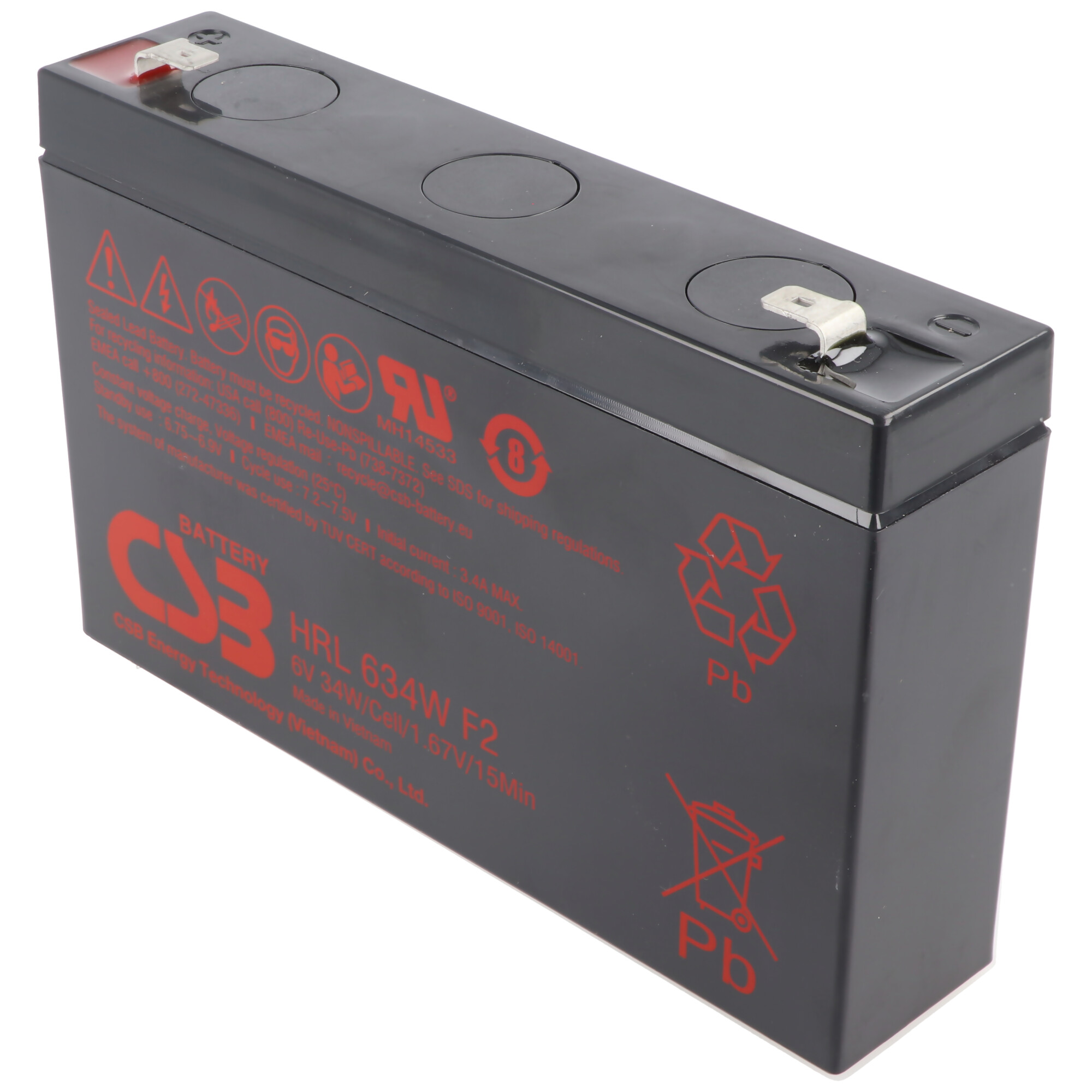 Eine schwarze 6-V-Batterie mit rotem Text, Warnschildern und Recycling-Symbolen. Ein schwarzes Gehäuse.