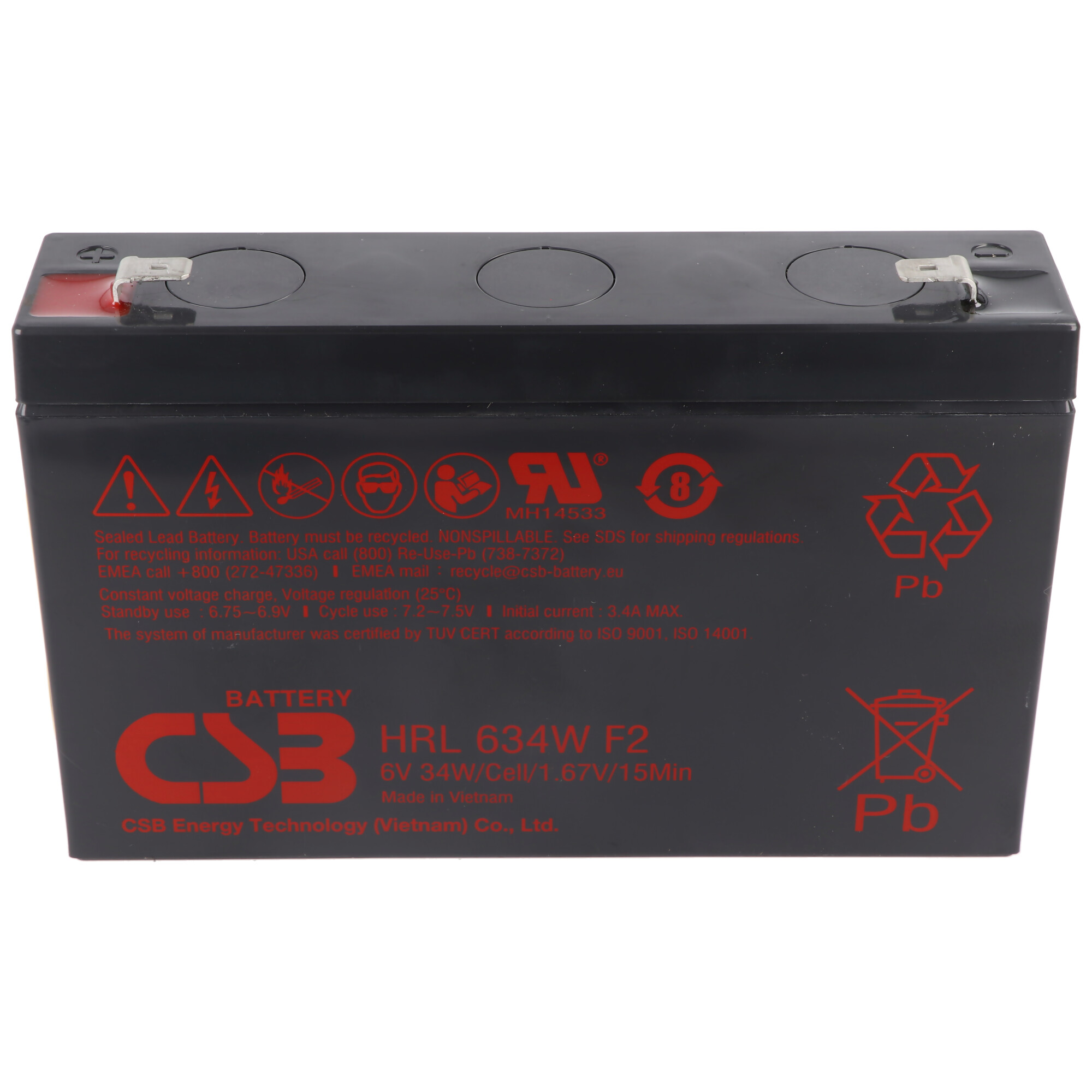 Eine schwarze Batterie mit rotem und weißem Text und dem CSB Battery Logo.