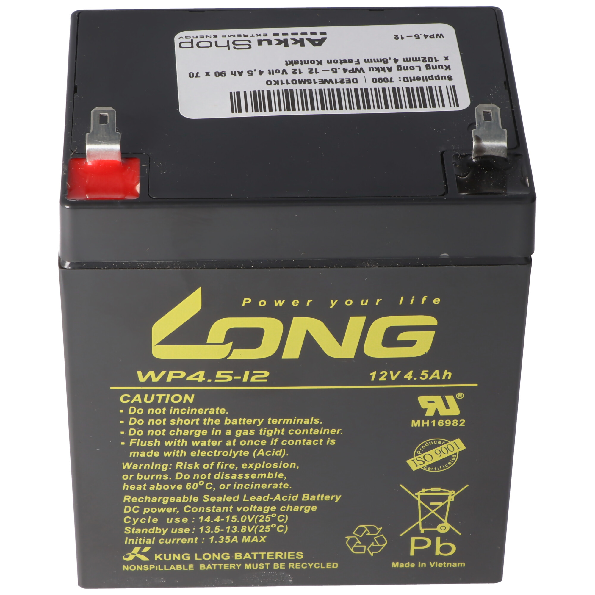 "LONG WP4.5-12 12V 4.5Ah" etiketli siyah pil. Yüzeyde uyarılar basılıdır.