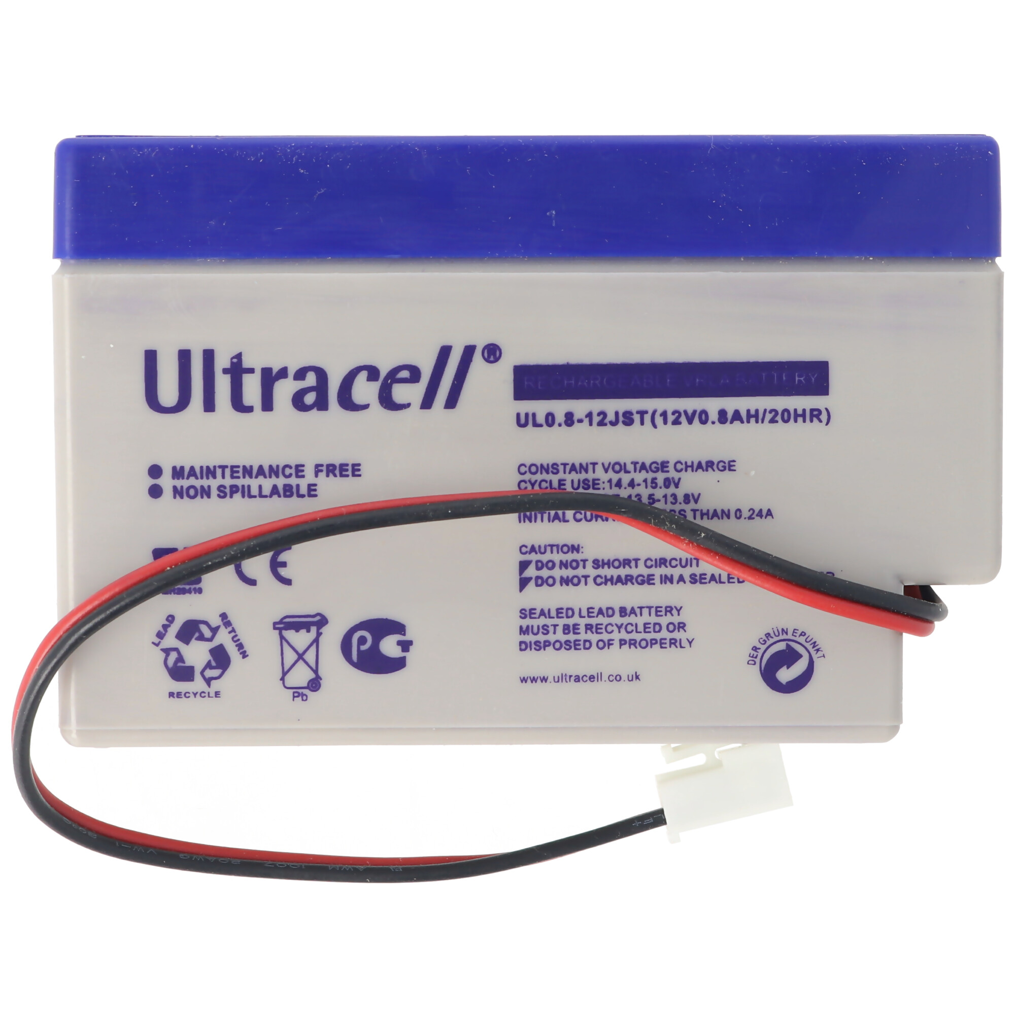 Eine weiße und blaue Ultracell-Akku mit schwarzen und roten Drähten und Steckern.