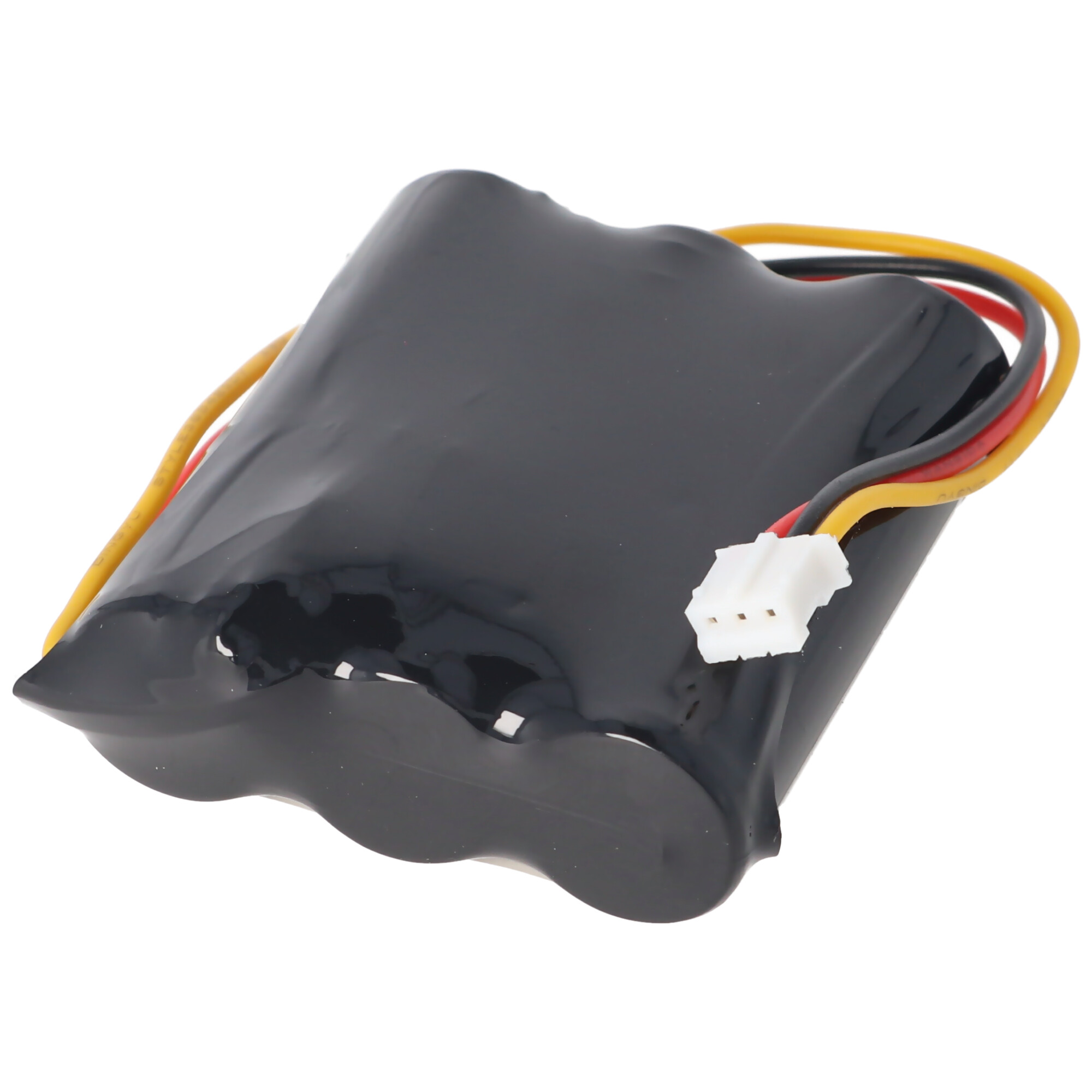 Eine schwarze Batterie mit weißen Anschlüssen und Drähten. Weißer Hintergrund.
