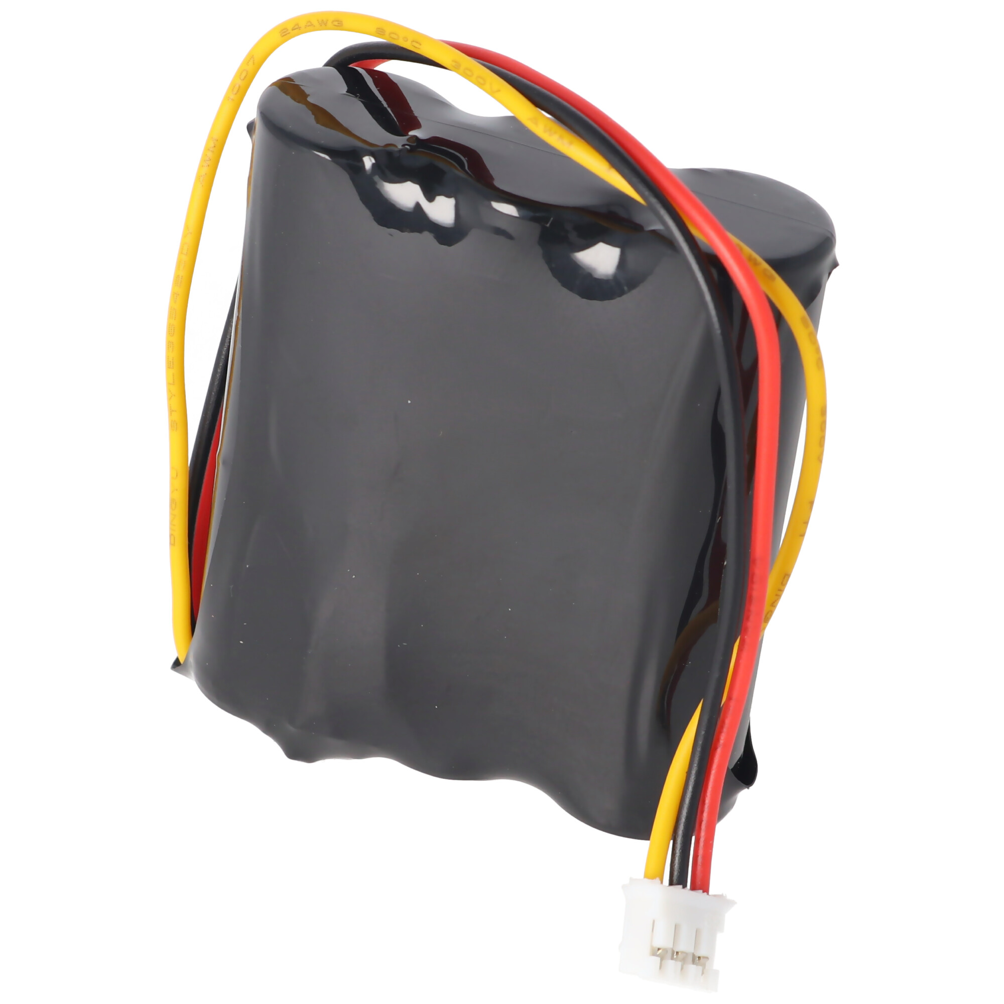 Schwarze Batterie mit roten, gelben und schwarzen Drähten. Am Ende der Drähte befindet sich ein weißer Stecker.