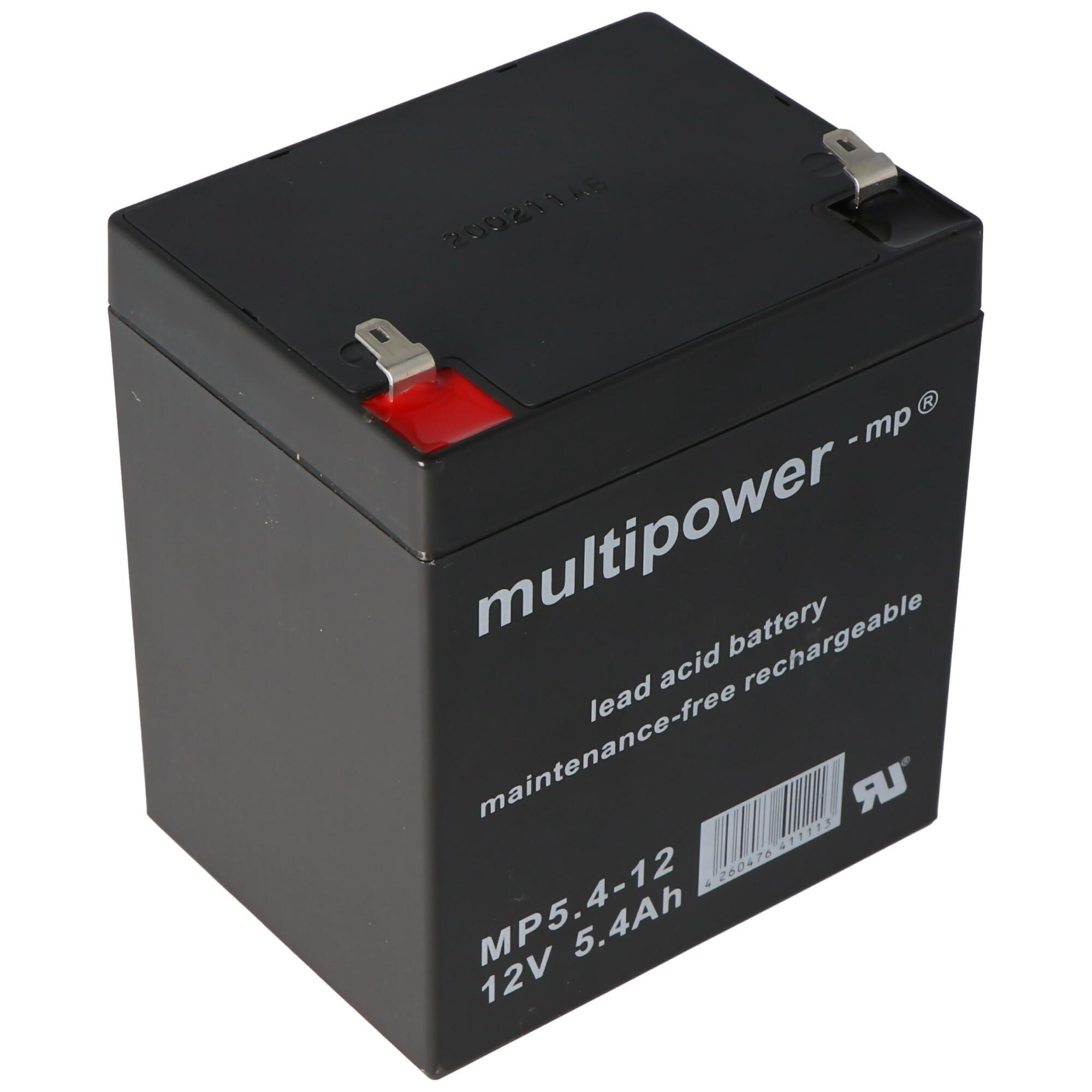 Schwarze Blei-Säure-Batterie. Auf dem Etikett steht: multipower, Blei-Säure-Batterie, wartungsfrei wiederaufladbar.