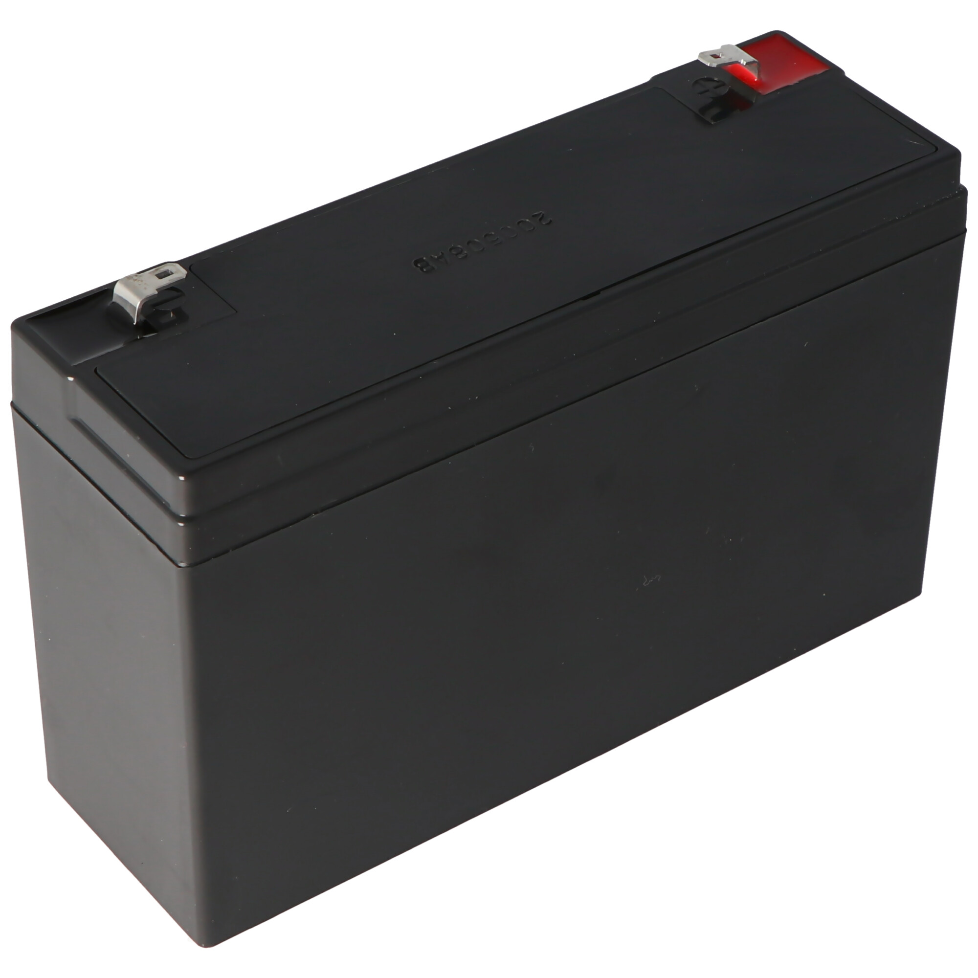 Eine schwarze rechteckige Batterie mit roten Anschlüssen.