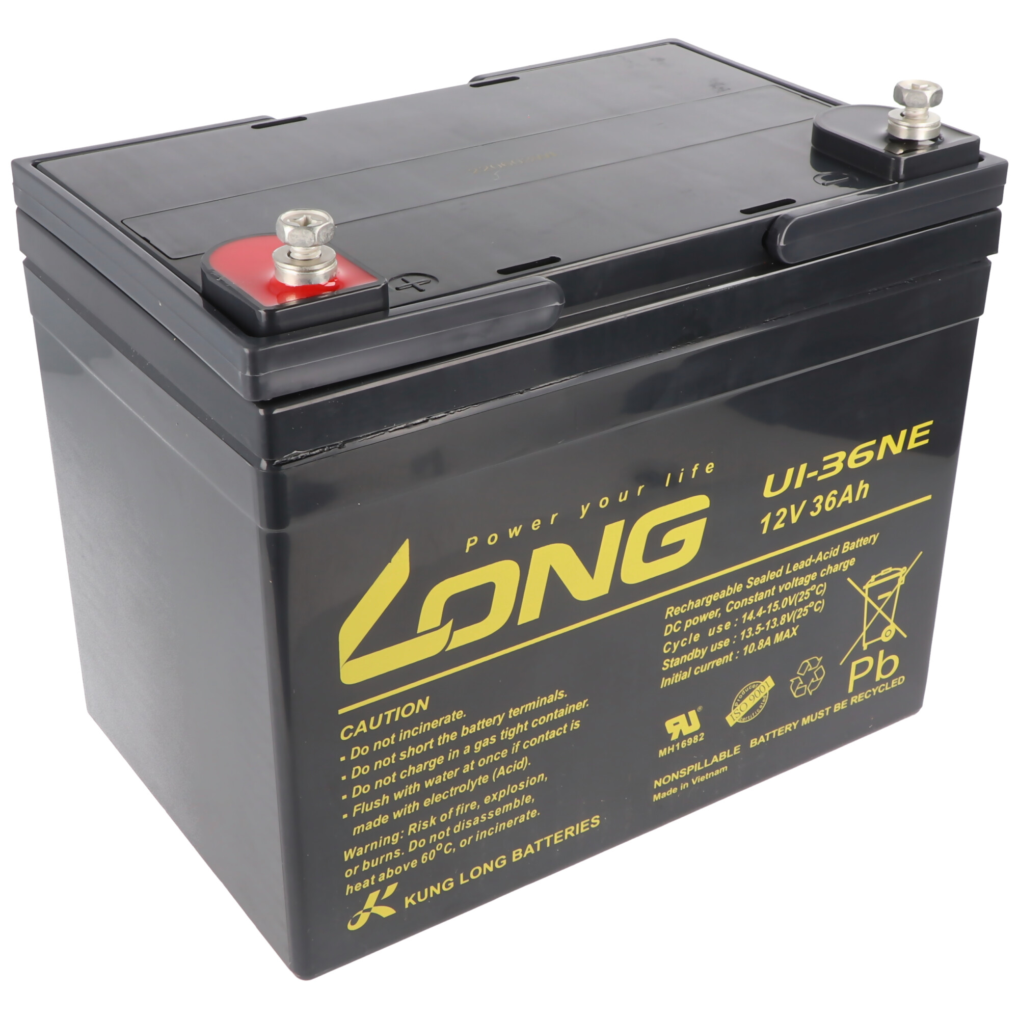 Eine schwarze LONG 12V 36Ah wiederaufladbare, versiegelte Blei-Säure-Batterie mit Warnhinweisen.