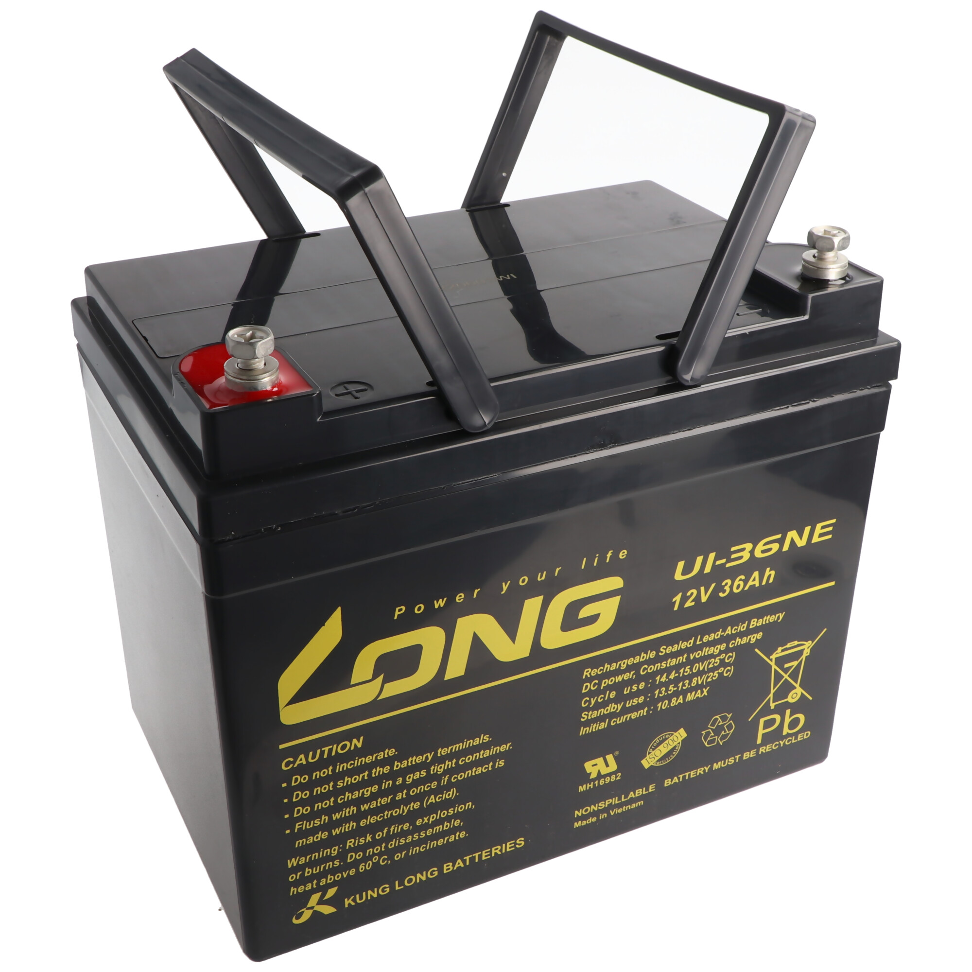 Schwarze UI-36NE 12V 36Ah Batterie mit Griff und Sicherheitshinweisen.