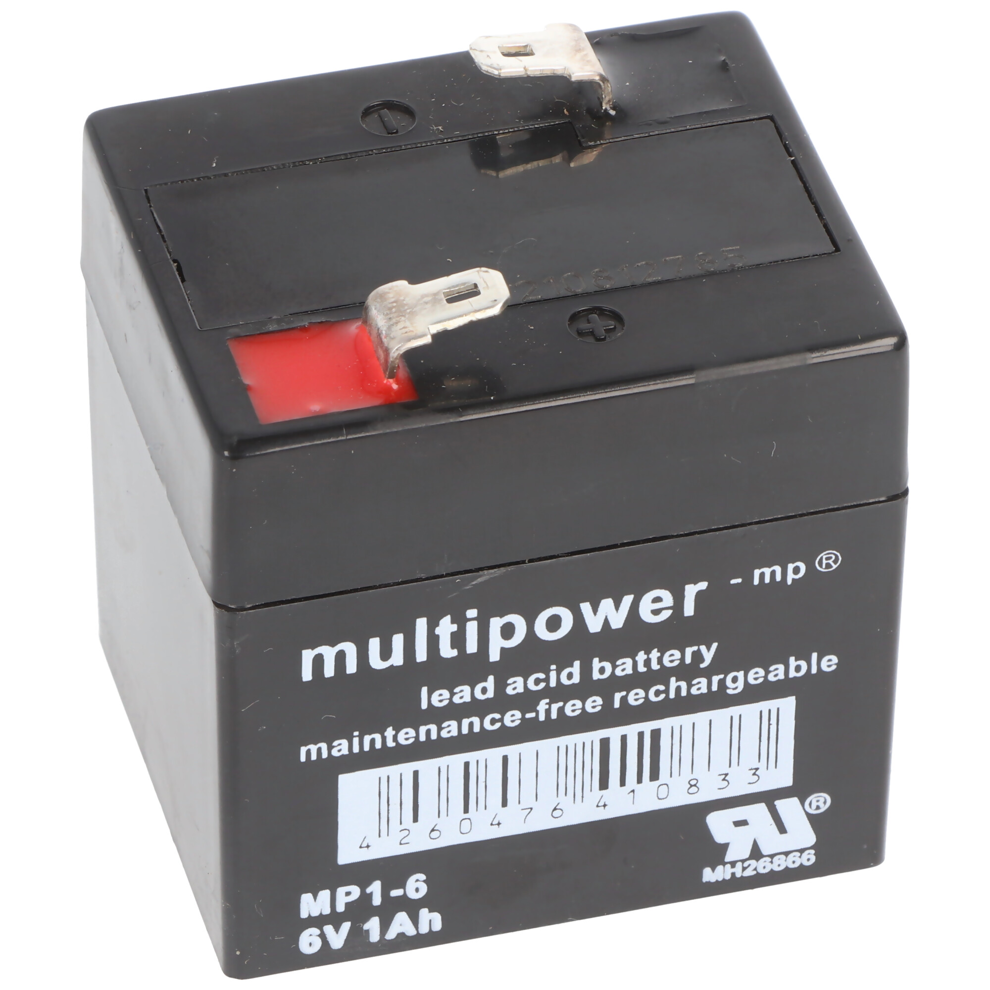 Eine schwarze quadratische Batterie mit weißem Etikett. Sie hat einen roten Anschluss und ein Multi-Power-Blei-Säure-Batterie-Etikett.