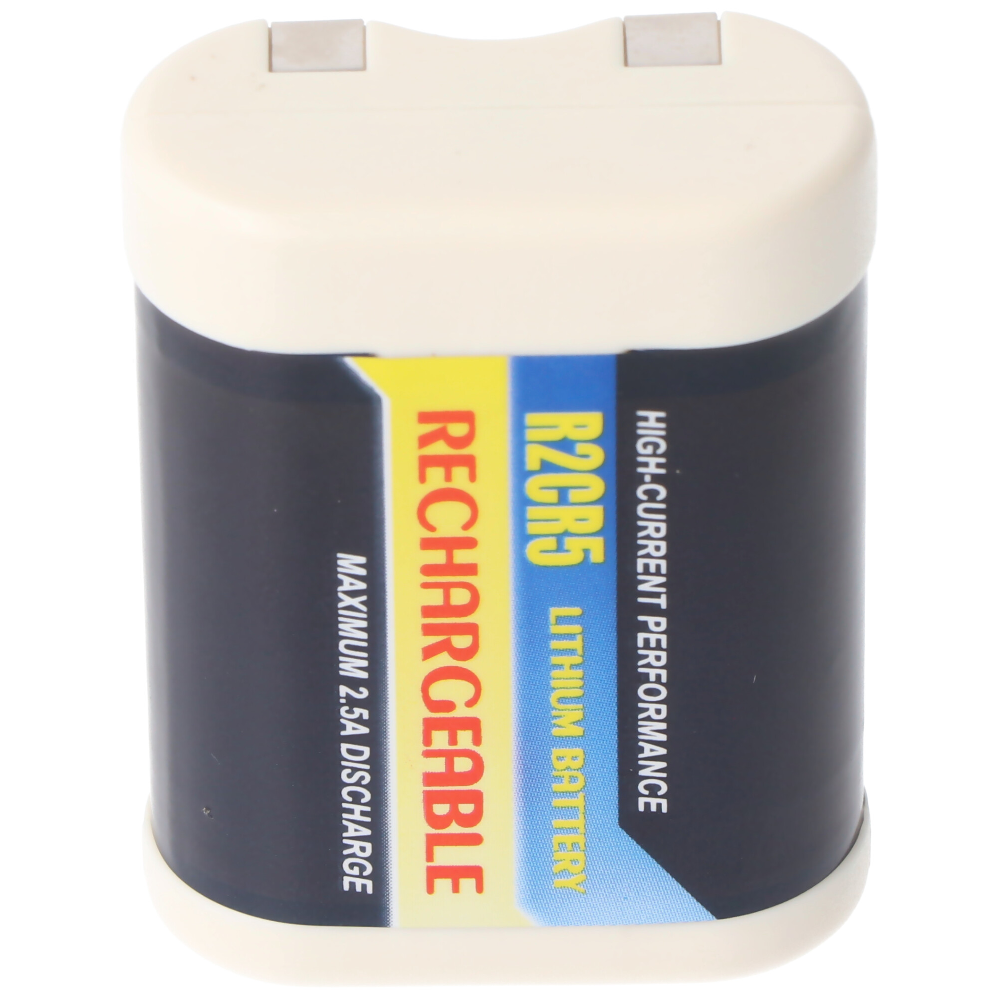 Eine weiß-schwarze wiederaufladbare Batterie mit der Bezeichnung R2CR5.